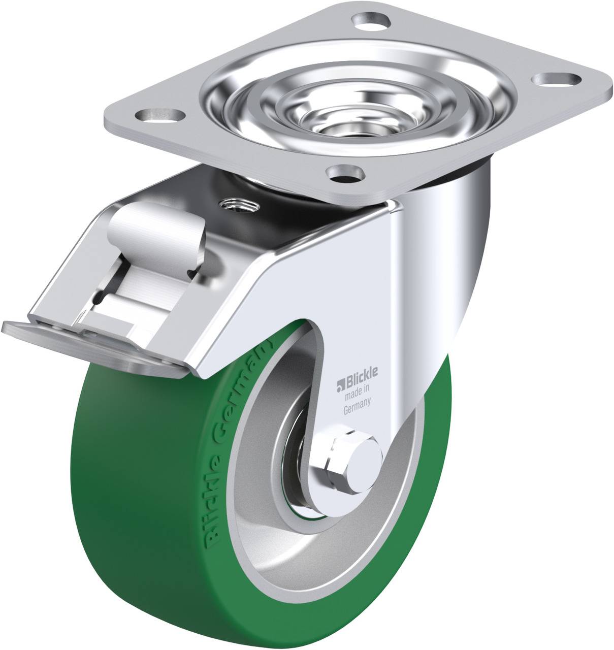 Metallenes Lenkrolle mit grünem Gummirad und Befestigungsplatte, geeignet für Möbel oder industrielle Anwendungen.