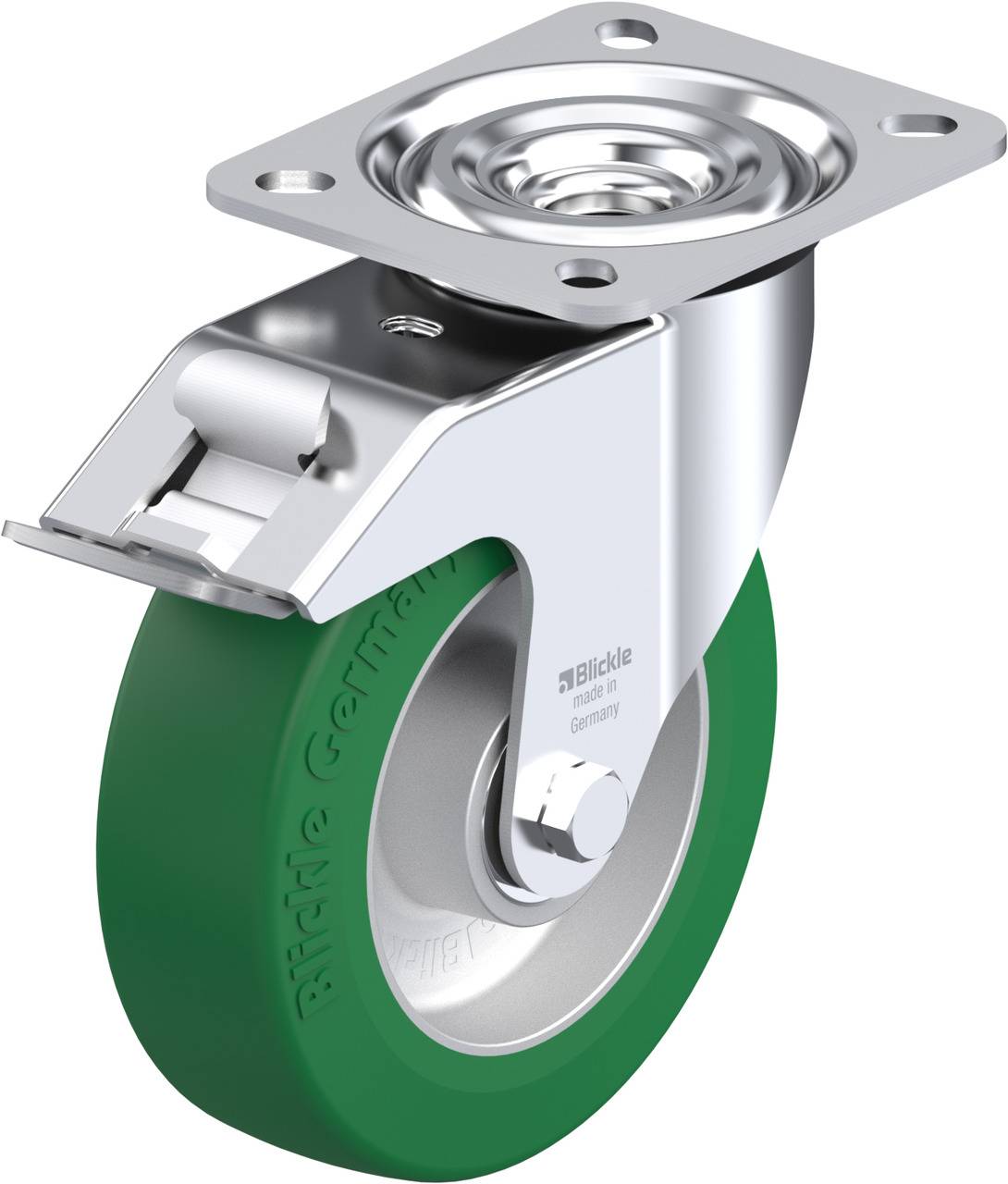 Metallisches Schwenkrollensystem mit grünem Rad und rechteckiger Montageplatte, geeignet für den Einsatz in industriellen Anwendungen.