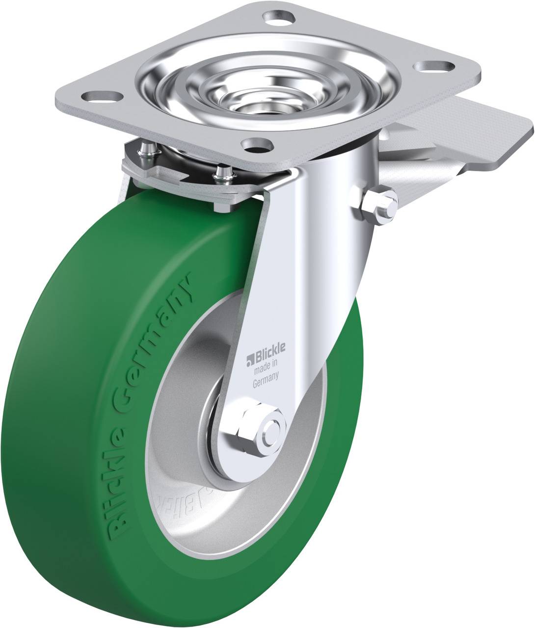 Schwenkrolle mit grünem Rad, silbernem Gehäuse und rechteckiger Montagescheibe, geeignet für Industrieanwendungen.