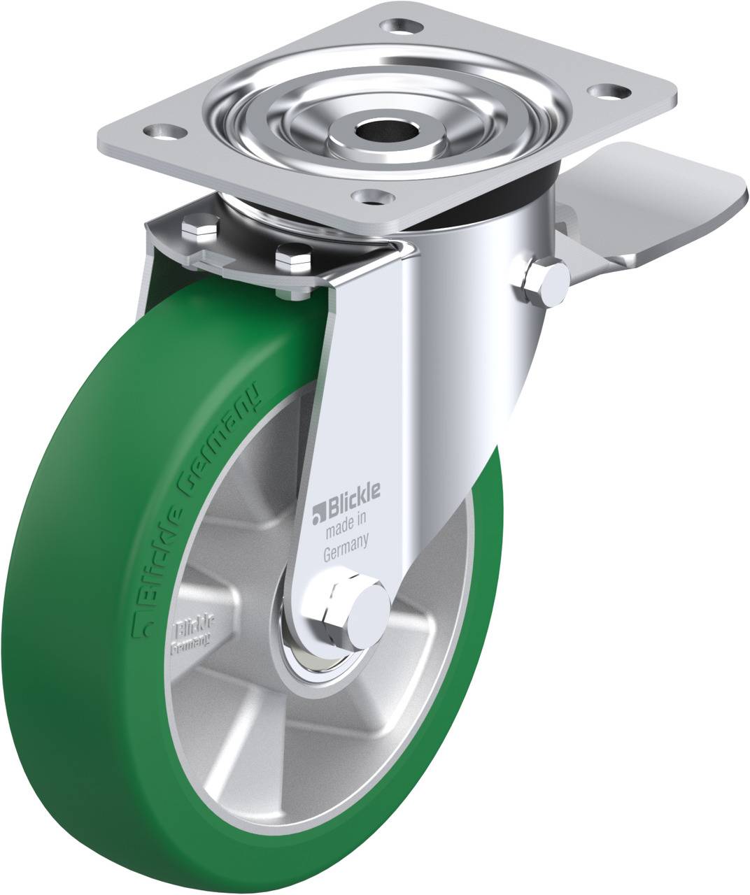 Grüne Lenkrolle mit Stahlplatte, Bremshebel und silbernem Metallgehäuse. 'Blickle Made in Germany' Schriftzug auf dem Rad.