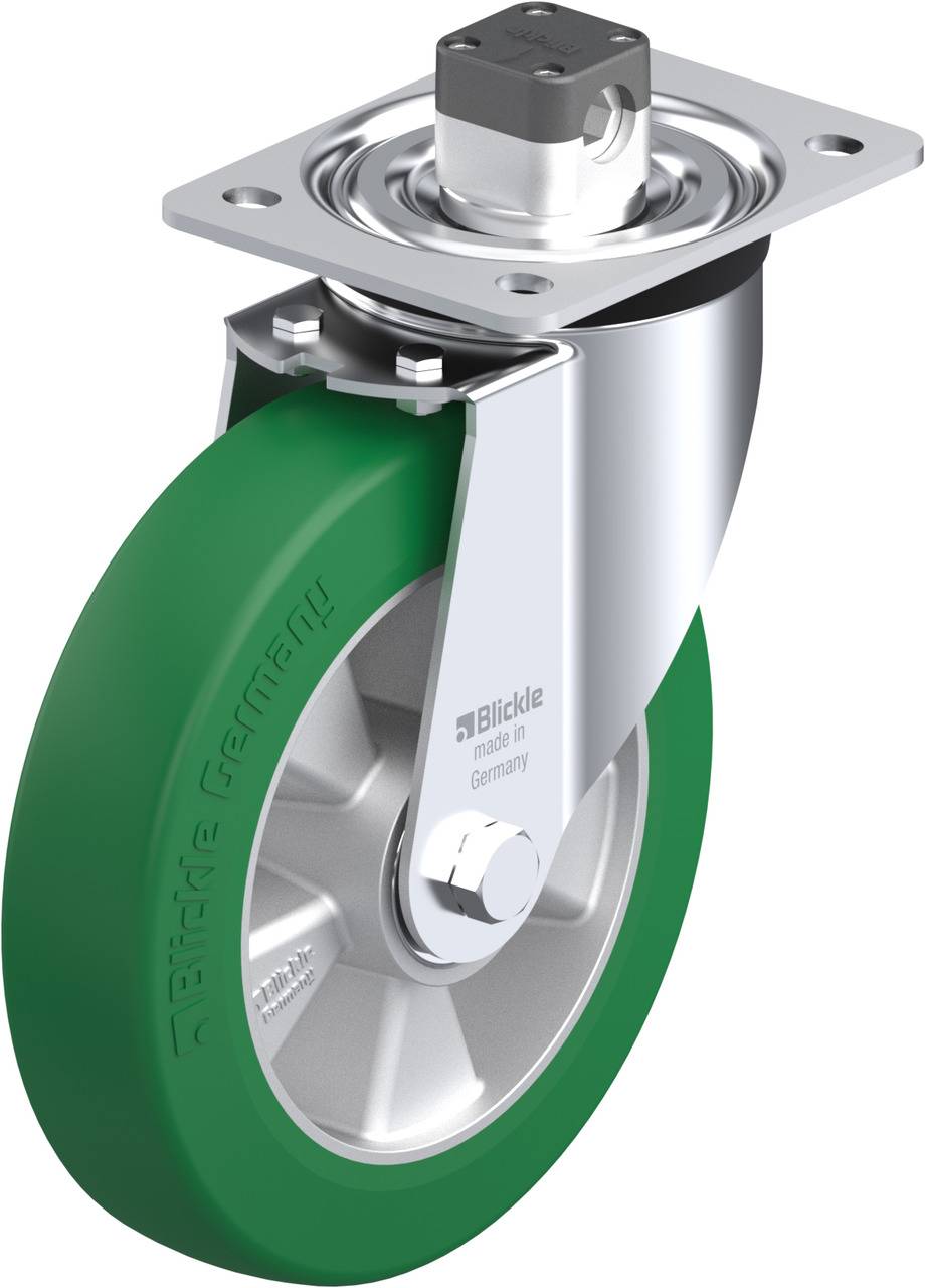 Grünes Rollrad aus Metall und Gummi mit drehbarer Halterung, geeignet für industrielle Anwendungen.