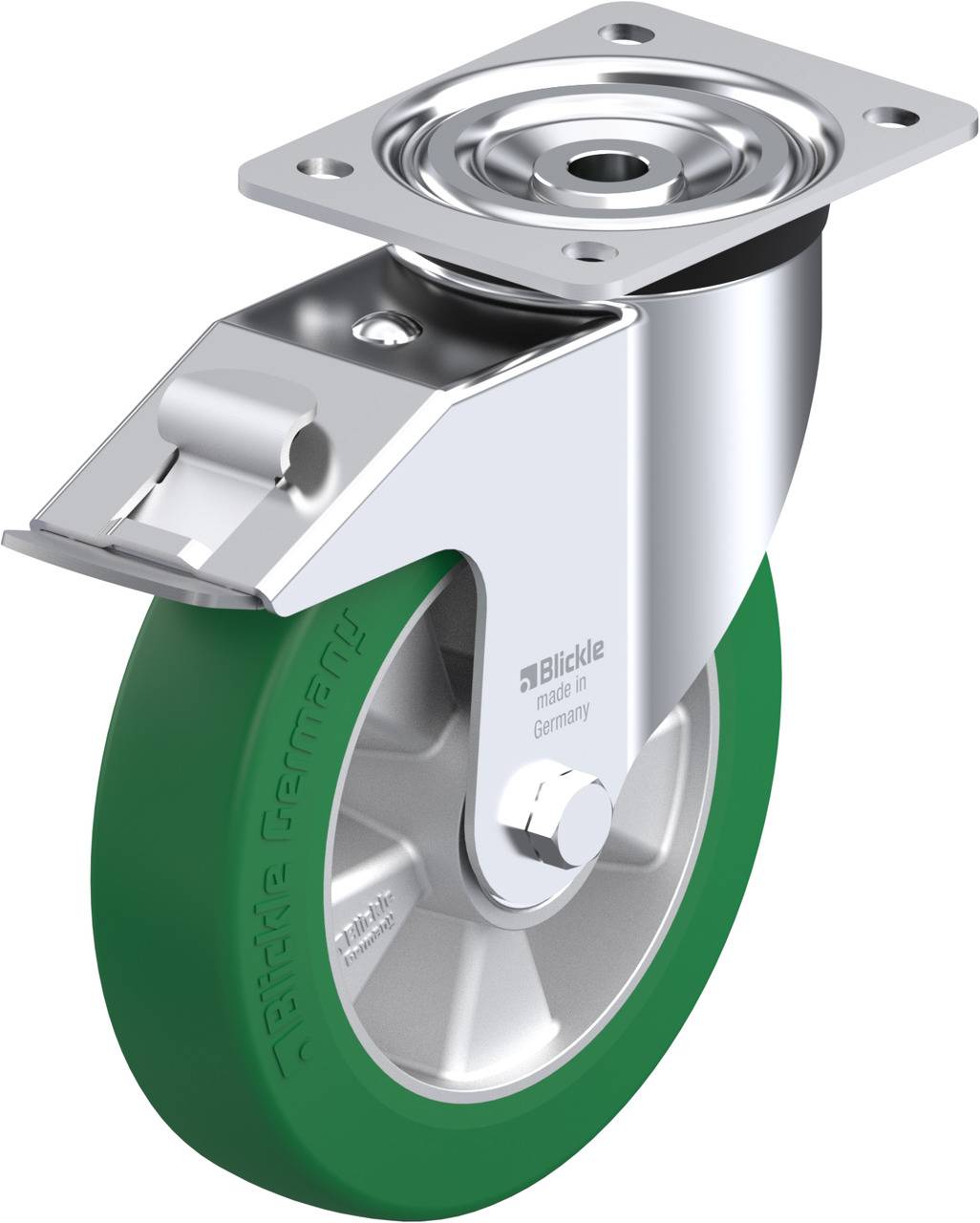 Metallisches Lenkrollenrad mit grünem Gummireifen und silbernem Gehäuse.