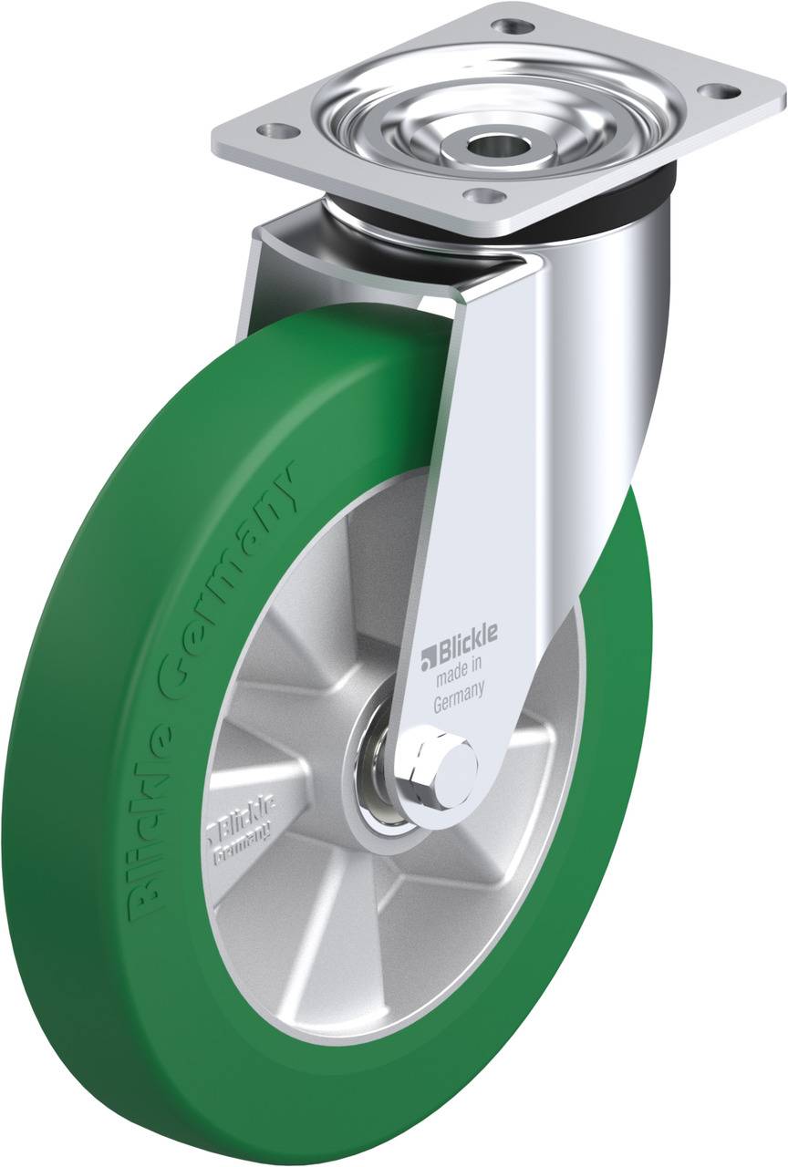 Ein grünes Rad mit einem silbernen Metallhalterung. Es hat die Aufschrift 'Blickle Germany'. Geeignet für den industriellen Einsatz.