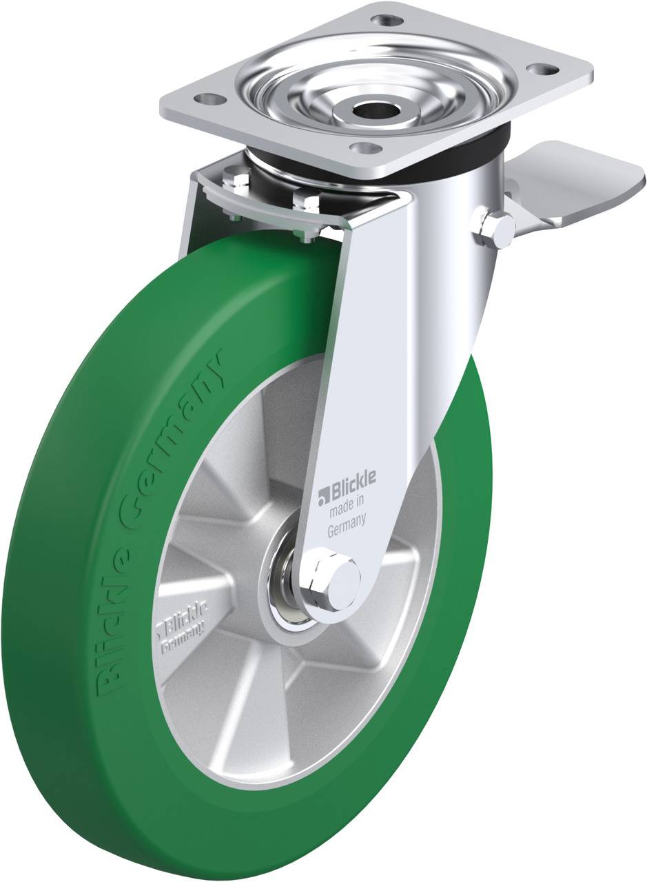 Schwenkrolle mit grünem Gummirad und silberner Halterung. Geeignet für glatte Böden. Aufschrift auf Rad: 'Blickle Germany'.