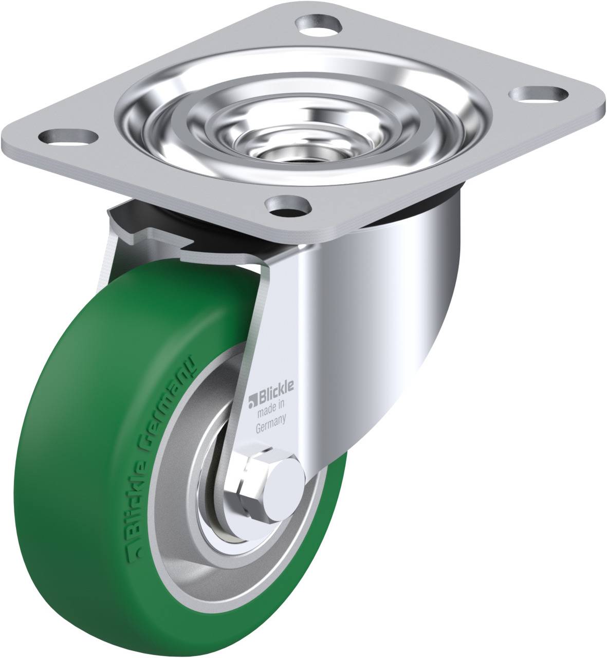 Industrie-Lenkrolle mit grüner Gummibereifung und silbernem Gehäuse. Geeignet für Maschinen und schwere Apparate.