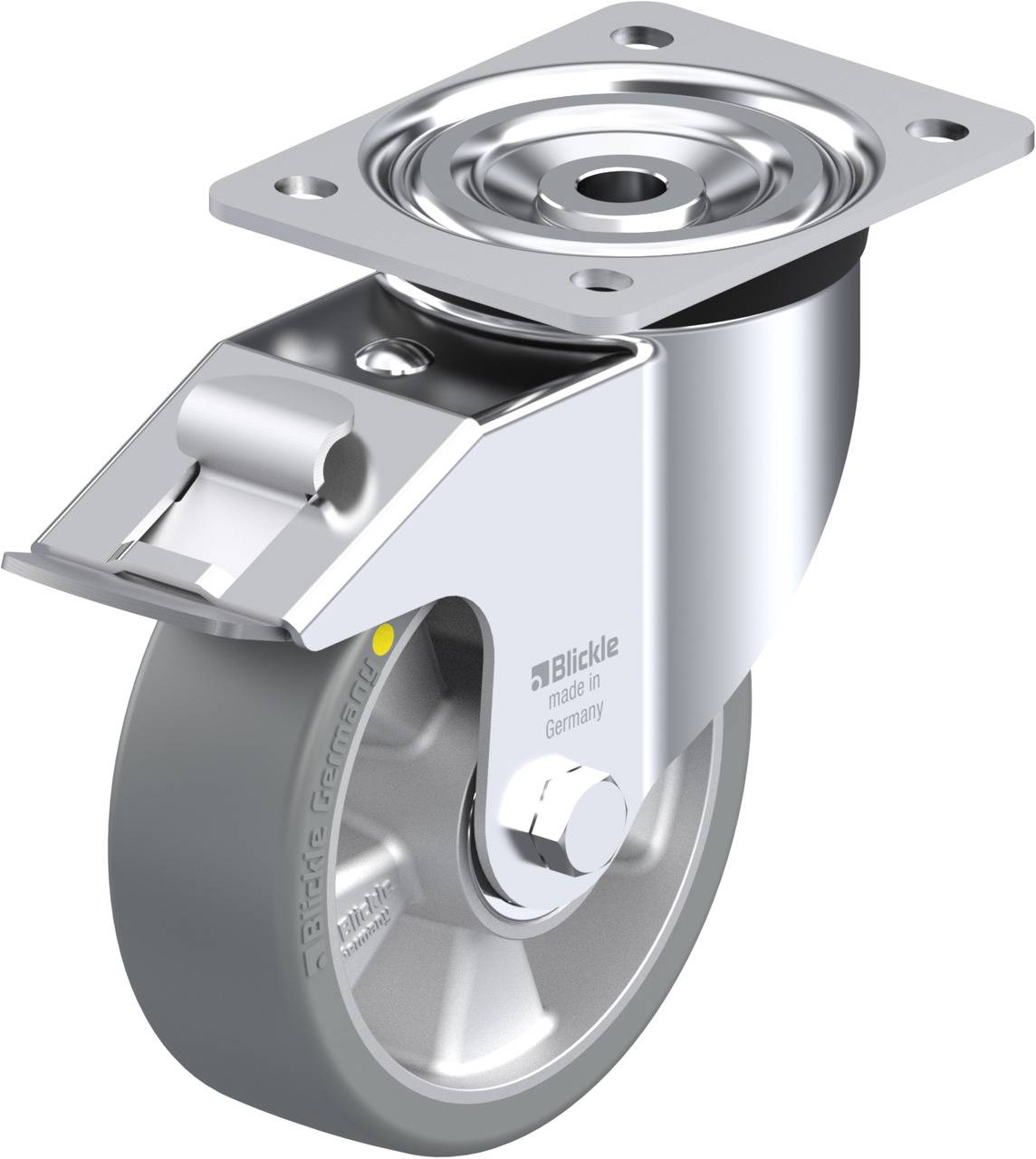 Metallrolle mit grauem Rad und Befestigungsplatte, schwenkbar. Herstellerlogo 'Blickle'. Verwendet für Möbel oder Industrieausrüstung.