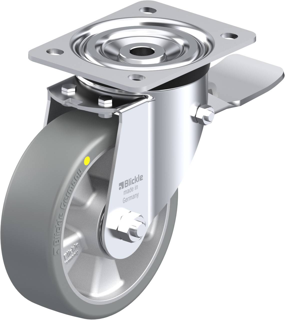 Graue Gummirolle mit Metallhalterung und Befestigungsplatte, geeignet für Möbel oder Gerätebewegung; robust und widerstandsfähig.