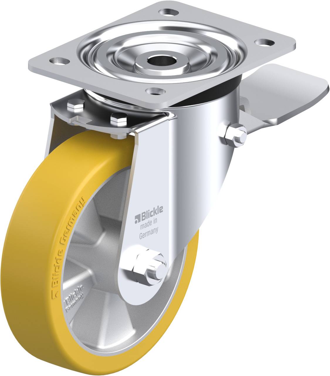 Schwenkrolle aus Metall mit gelbem Rad und Befestigungsplatte. Geeignet für schwere Lasten in industriellen Anwendungen.