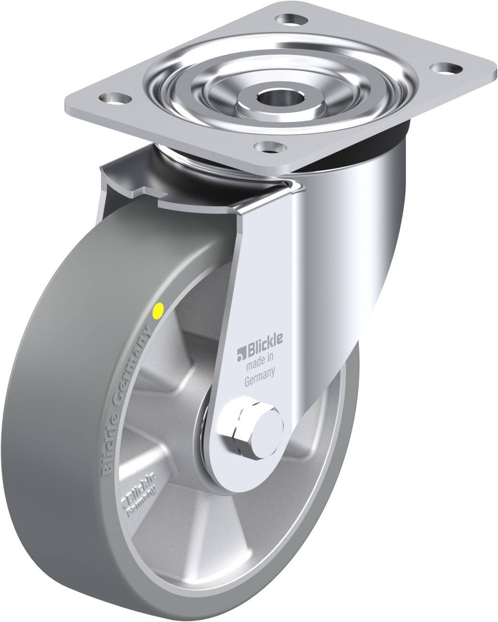 'Schwenkrolle mit grauem Rad und Metallhalterung, geeignet für industrielle Anwendungen. Aufschrift: 