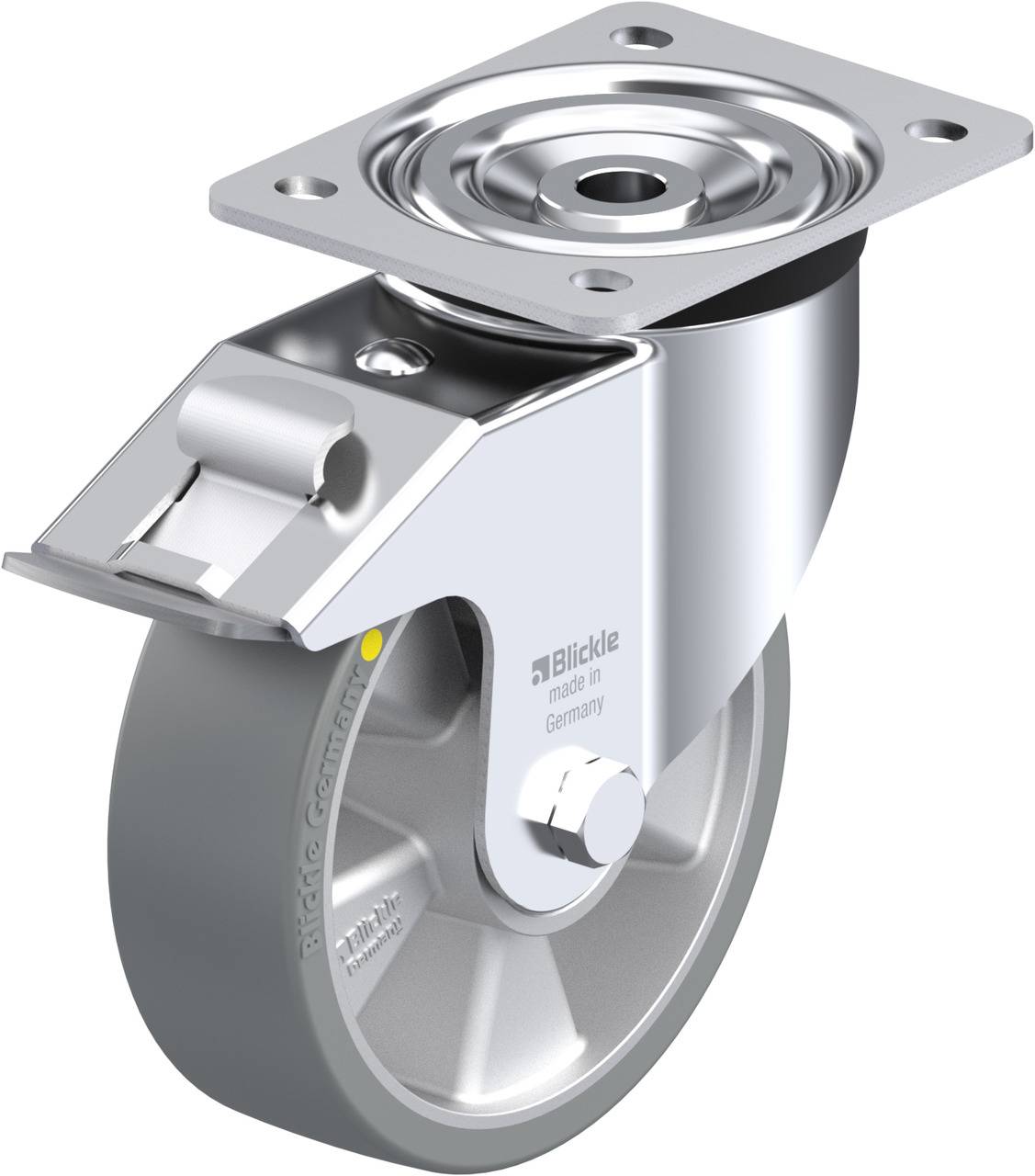 Ein Schwenkrolle mit grauem Rad und silbernem Halter, Marke 'Blickle'. Entwickelt für Möbel oder Wagen, hergestellt in Deutschland.
