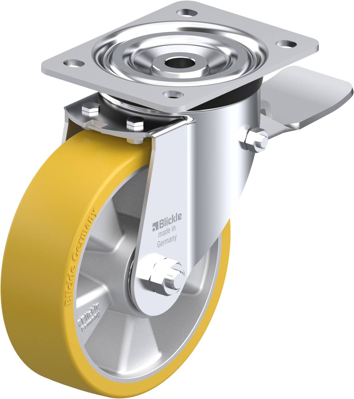 Industrie-Rolle mit gelbem Rad und Metallhalterung, hergestellt in Deutschland, geeignet für schwere Belastungen.