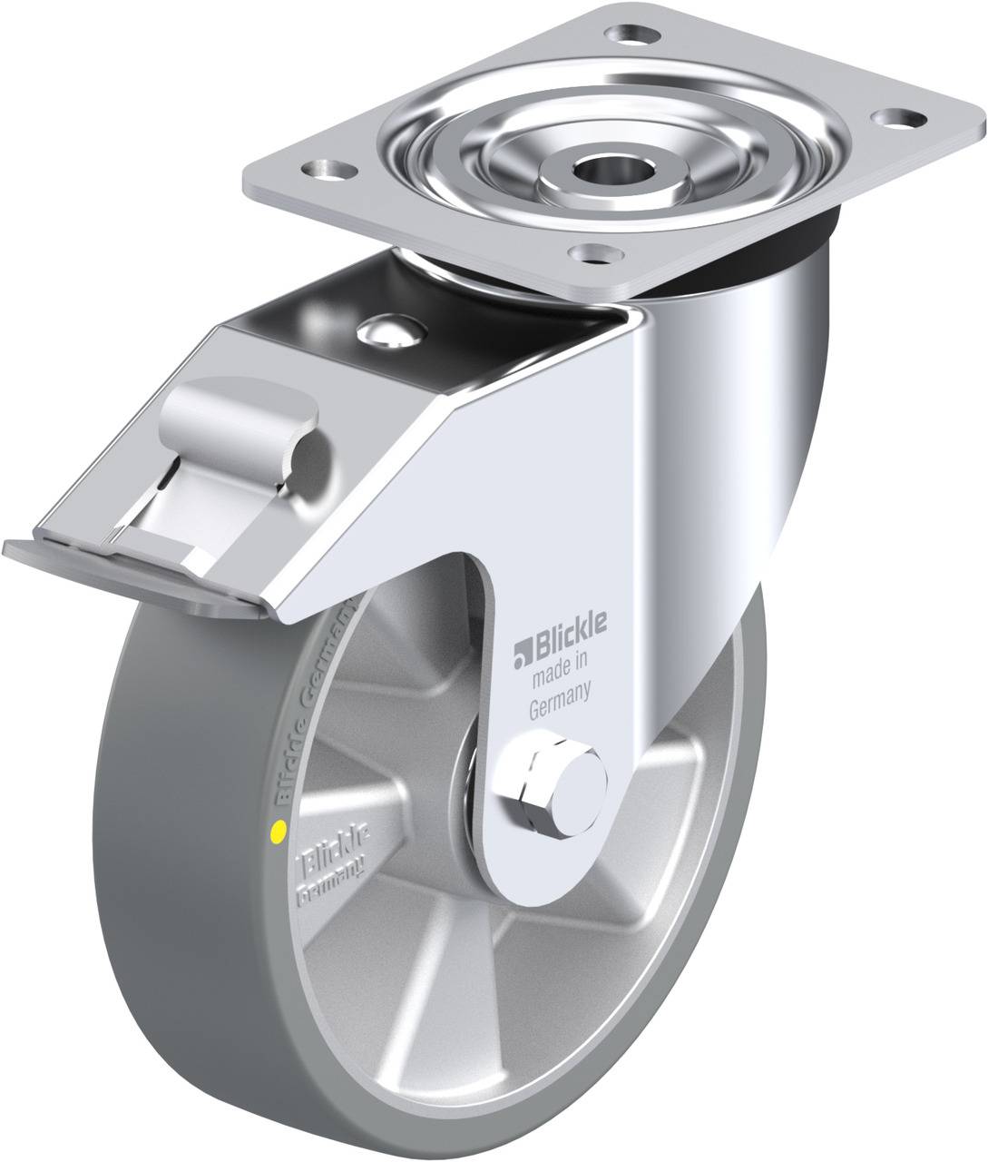 Schwenkrolle aus Metall mit Metallplatte, seitlicher Bremse und Aufschrift 'made in Germany'. Ideal für Möbel und Transportgeräte.