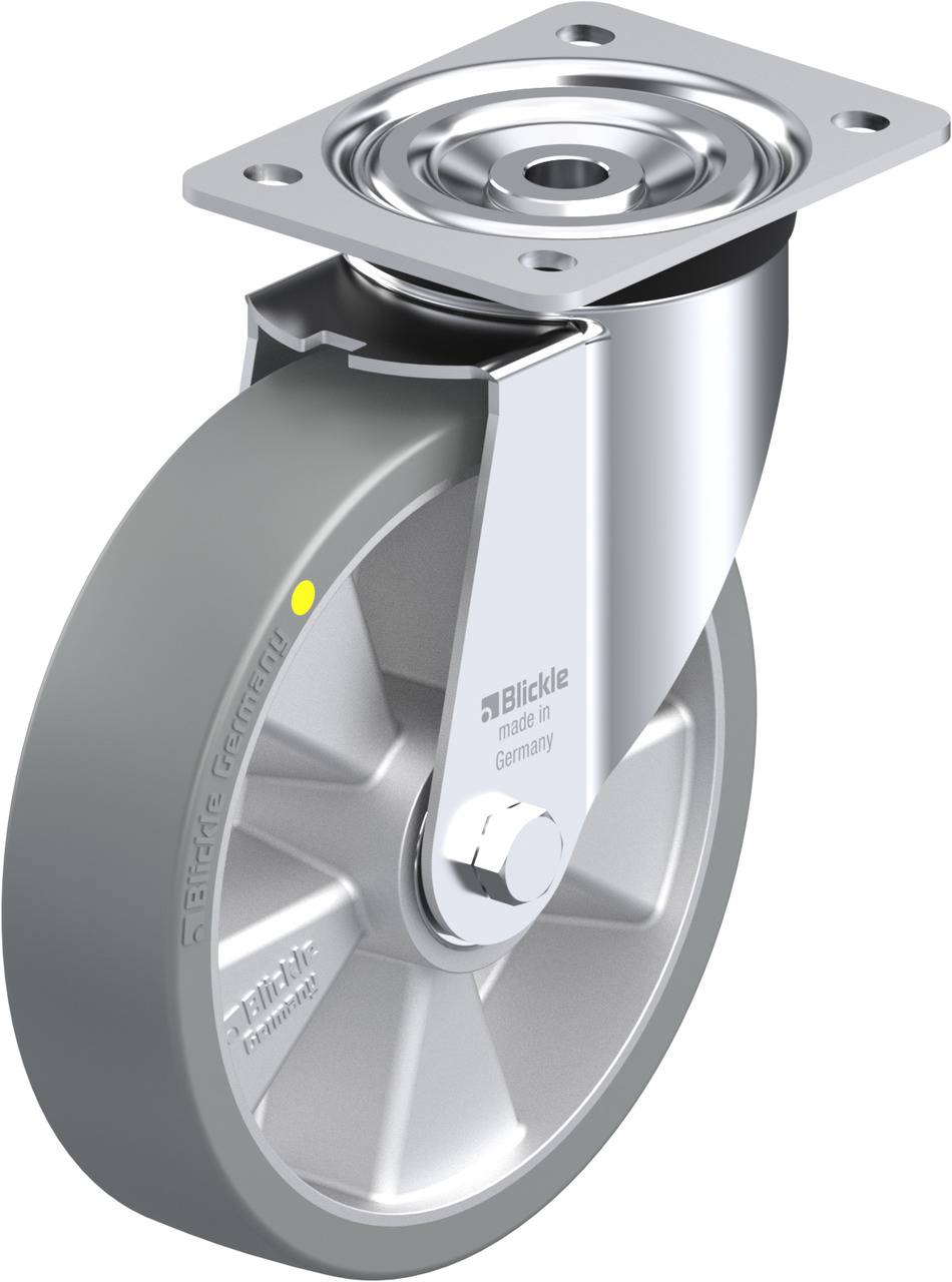 Schwenkrolle aus Metall mit grauem Rad und Montagesockel, geeignet für bewegliche Möbel oder Geräte, hergestellt in Deutschland.