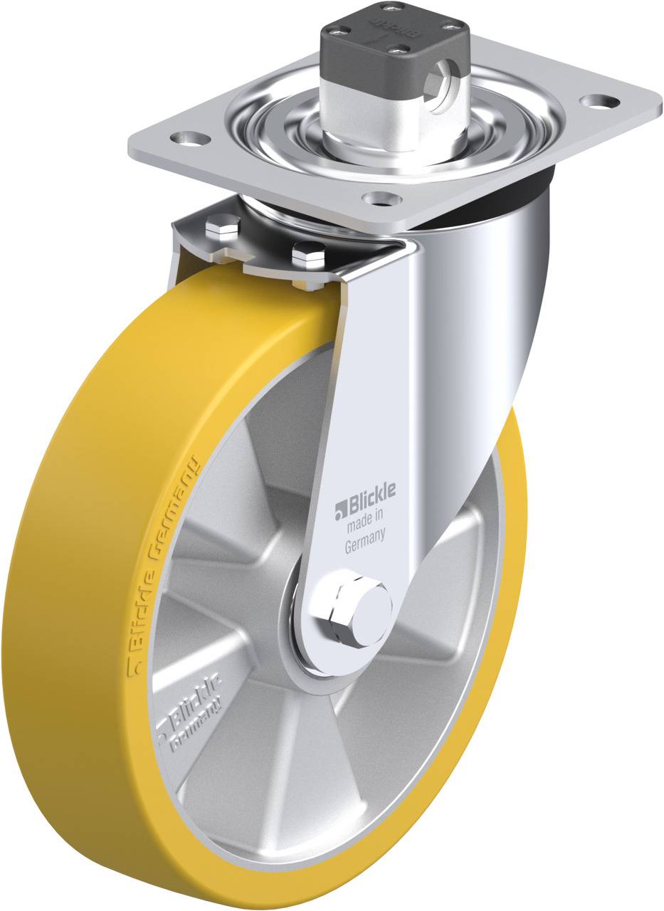 Gelbes Lenkrollenrad mit silbernem Gehäuse und Befestigungsplatte, dargestellt in einem technischen Produktbild.