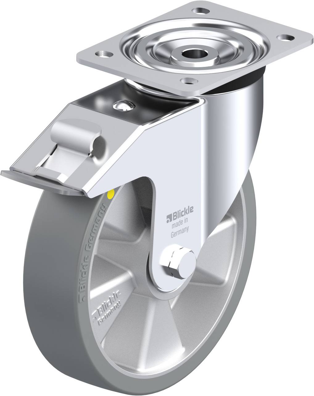 Industrie-Lenkrolle aus Metall und Kunststoff mit Befestigungsplatte, geeignet für hohe Belastungen und vielseitige Anwendungen.