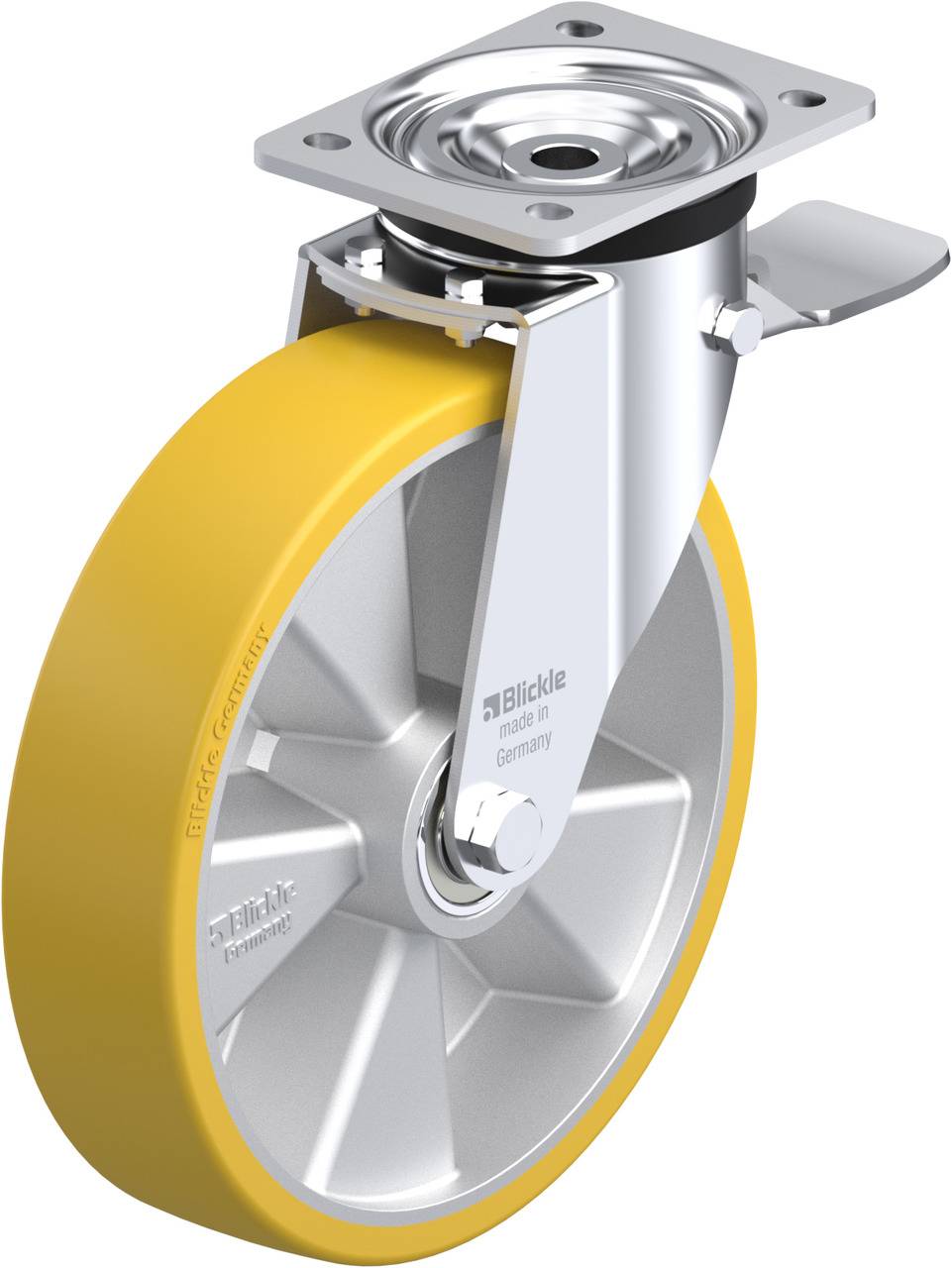 Ein gelbes Lenkrolle-Rad mit Bremse und Metallhalterung. Das Rad ist für schwere Lasten in Industrieumgebungen geeignet.