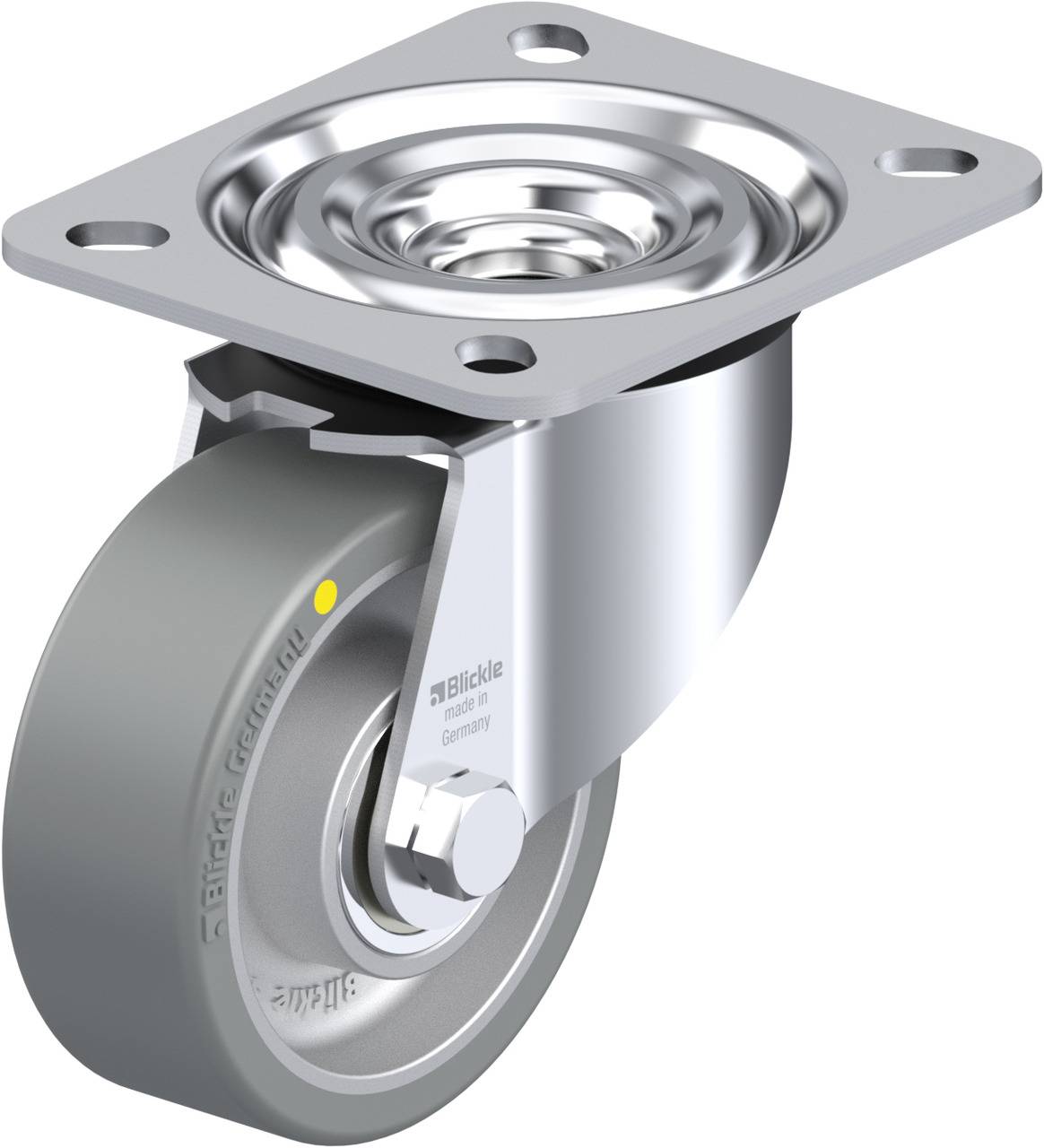 Metalllenkrolle mit grauem Rad und Befestigungsplatte, geeignet für Industrieanwendungen, zeigt robuste Bauweise und präzises Design.