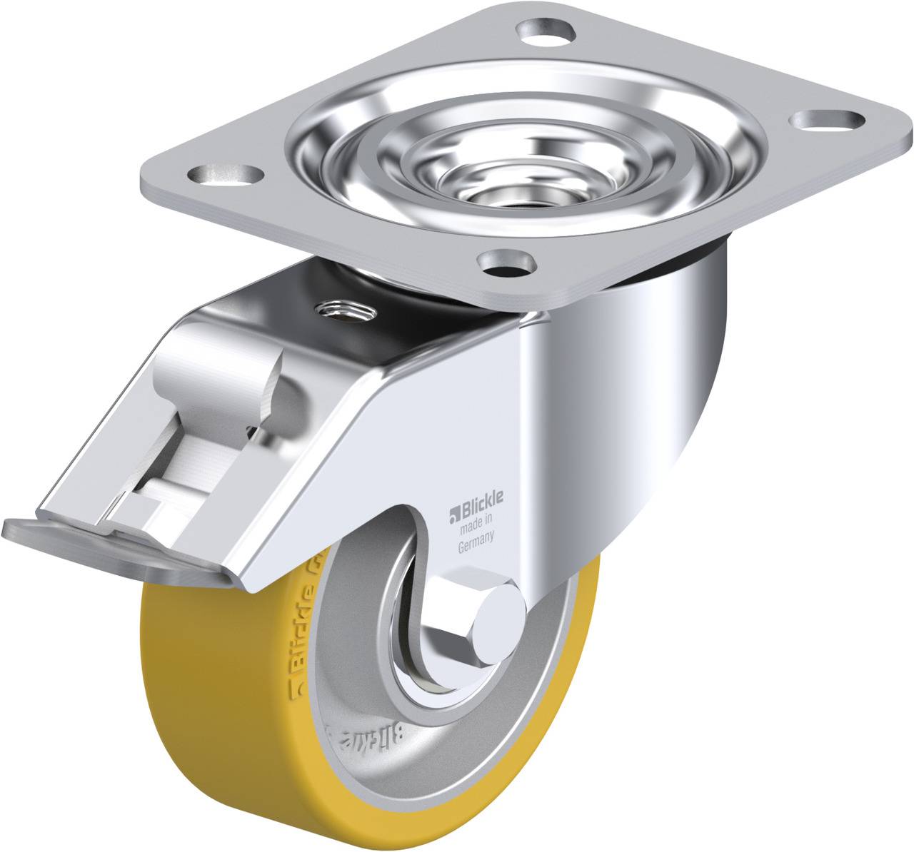 Drehbare Apparaterolle mit gelbem Gummirad, Metallbefestigungsplatte und Kugellager für leichte Mobilitätslösungen.