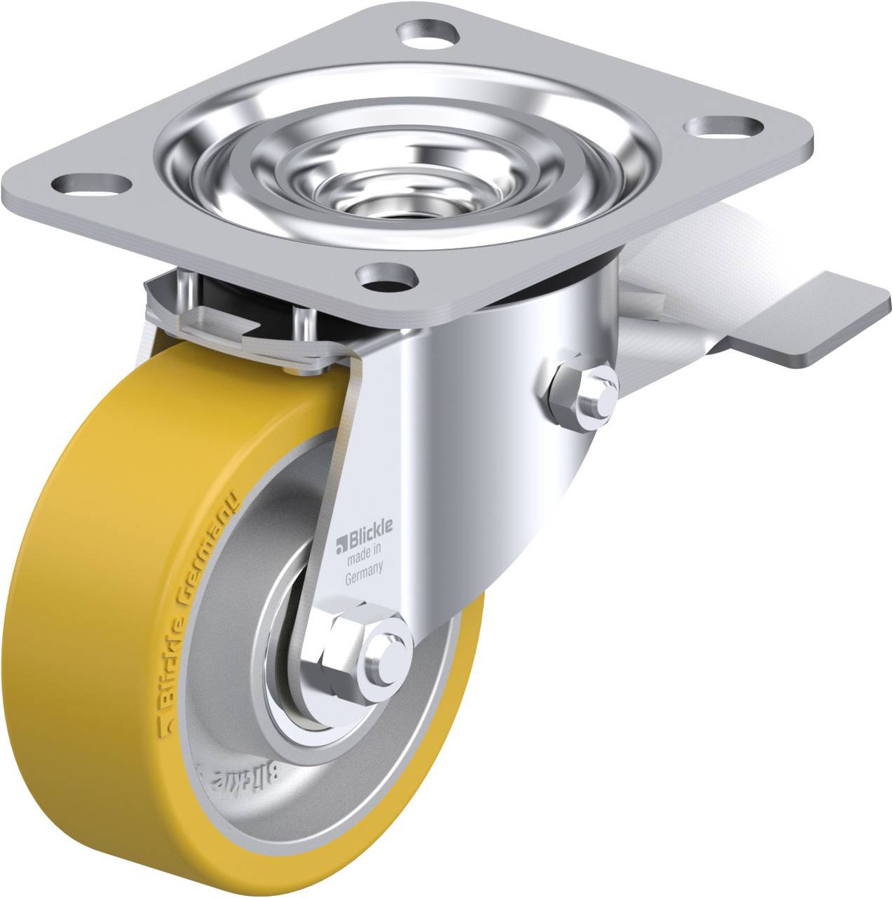 Transportrolle aus Metall mit gelbem Rad und montierter Platte, geeignet für industrielle Anwendungen.
