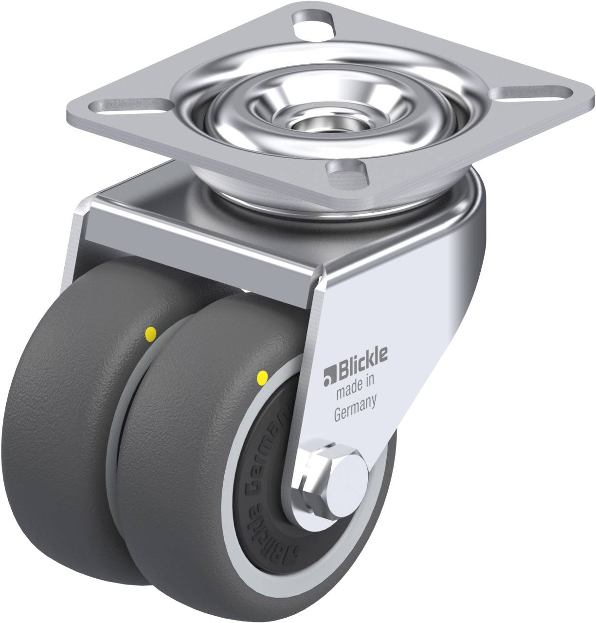Zwei drehbare Rollen aus Metall mit grau-schwarzen Reifen, montiert an einer viereckigen Metallplatte. Aufschrift: 'Blickle, made in Germany'.