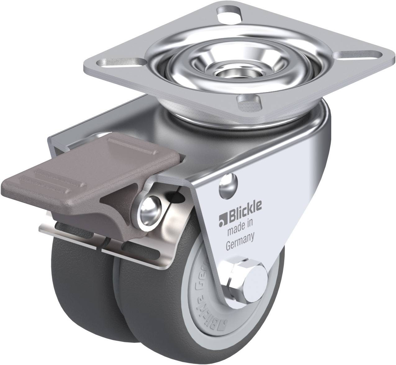 Doppellenkrolle mit Metallplatte und Feststeller, gefertigt in Deutschland, von der Marke 'Blickle', geeignet für Möbel oder Transportwagen.