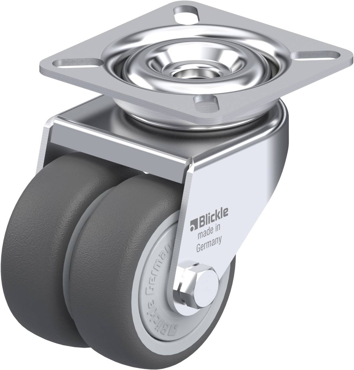 Doppelrolle aus Metall, grau, mit Befestigungsplatte und Aufschrift 'Blickle made in Germany'.