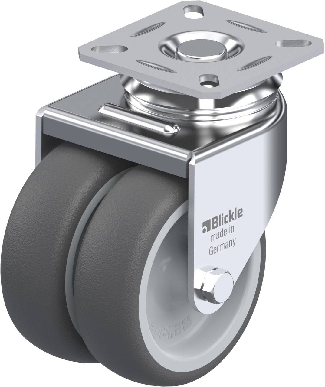 „Rollenlager mit doppeltem Rad, geeignet für Möbel oder Industrieausrüstung. Gehäuse aus Metall, mit der Aufschrift 'Blickle made in Germany'.“