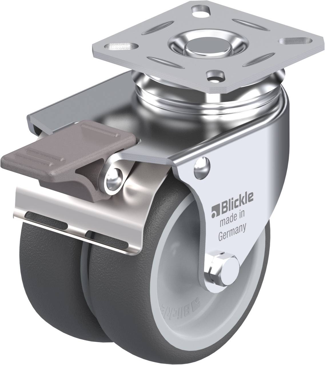 Industrie-Doppelrolle mit Feststeller, Metallgehäuse und grauen Rädern von Blickle. Markiert mit 'made in Germany'.