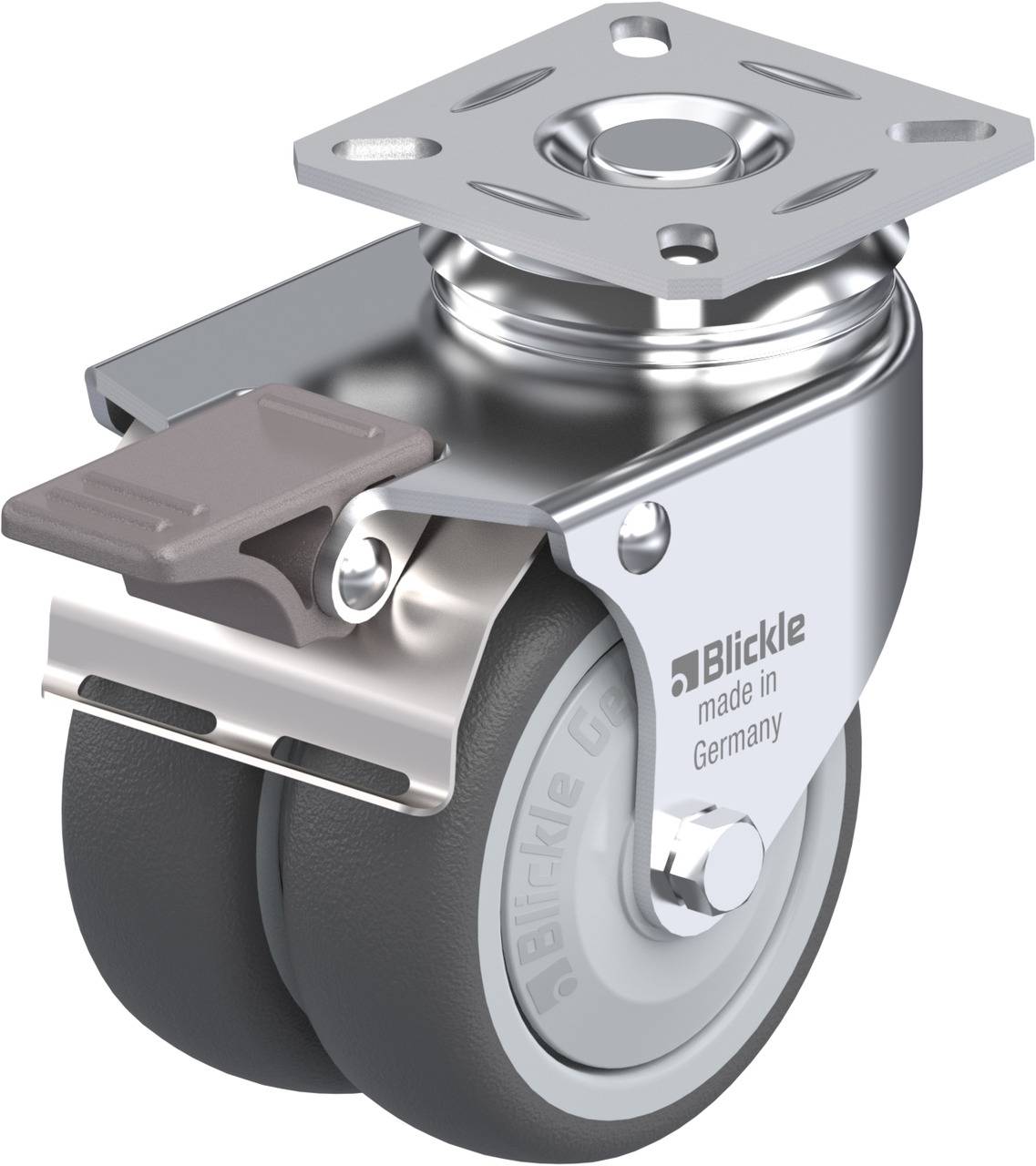 Zwillings-Lenkrolle aus Metall mit grauen Rollen, Haltebremse und Befestigungsplatte; Aufdruck 'Blickle made in Germany'.