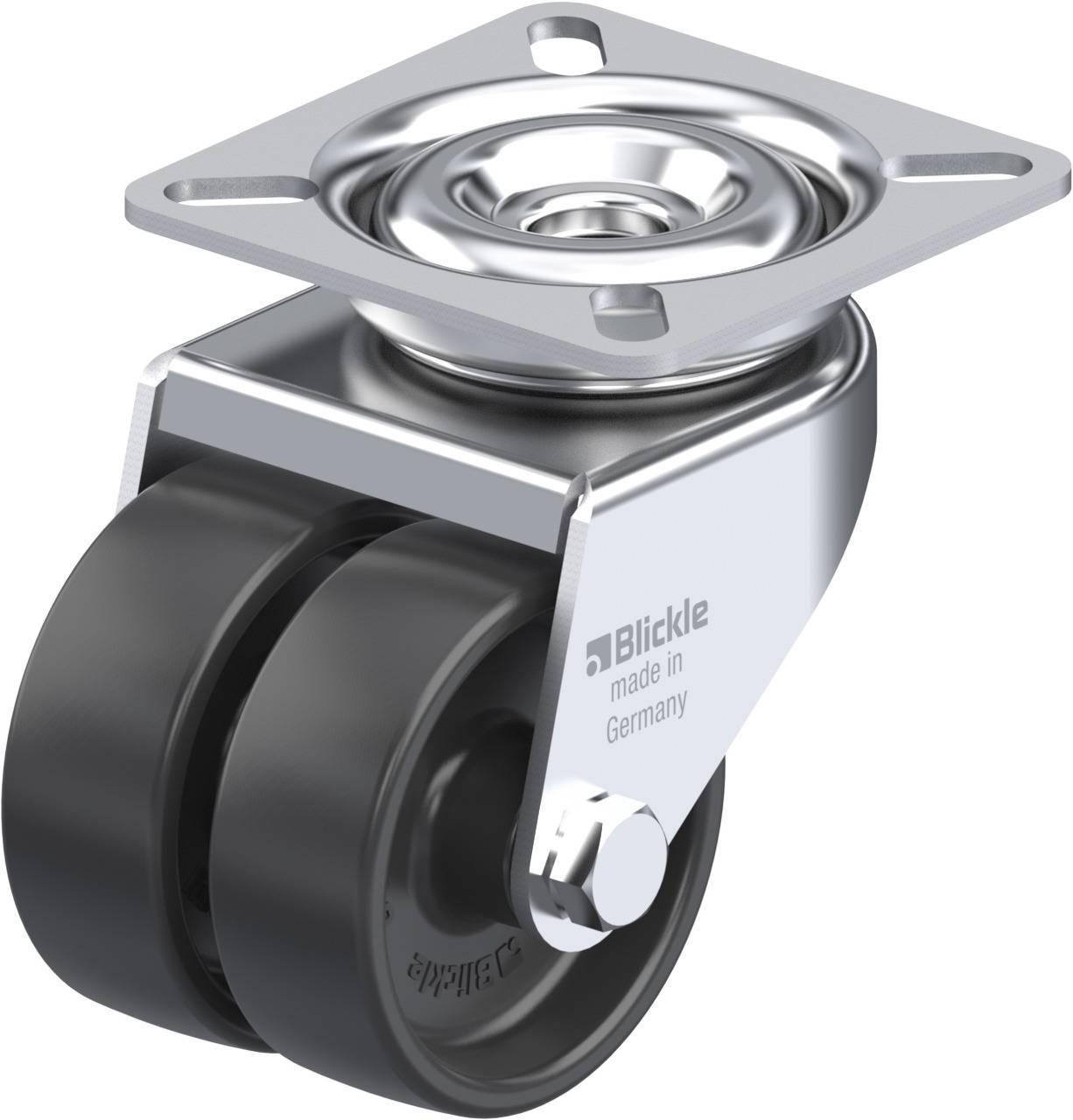 Lenkrolle aus Metall mit zwei schwarzen Rädern und Befestigungsplatte, Hersteller Blickle, made in Germany.