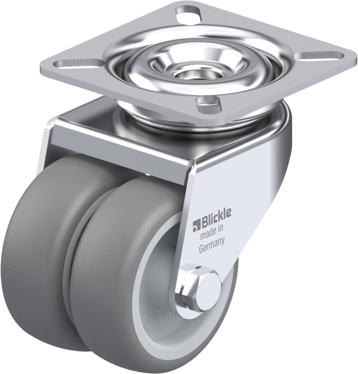 Doppelrolle aus Metall und Gummi mit Befestigungsplatte. Text auf der Rolle: 'Blickle made in Germany'. Geeignet für Möbel oder Geräte.