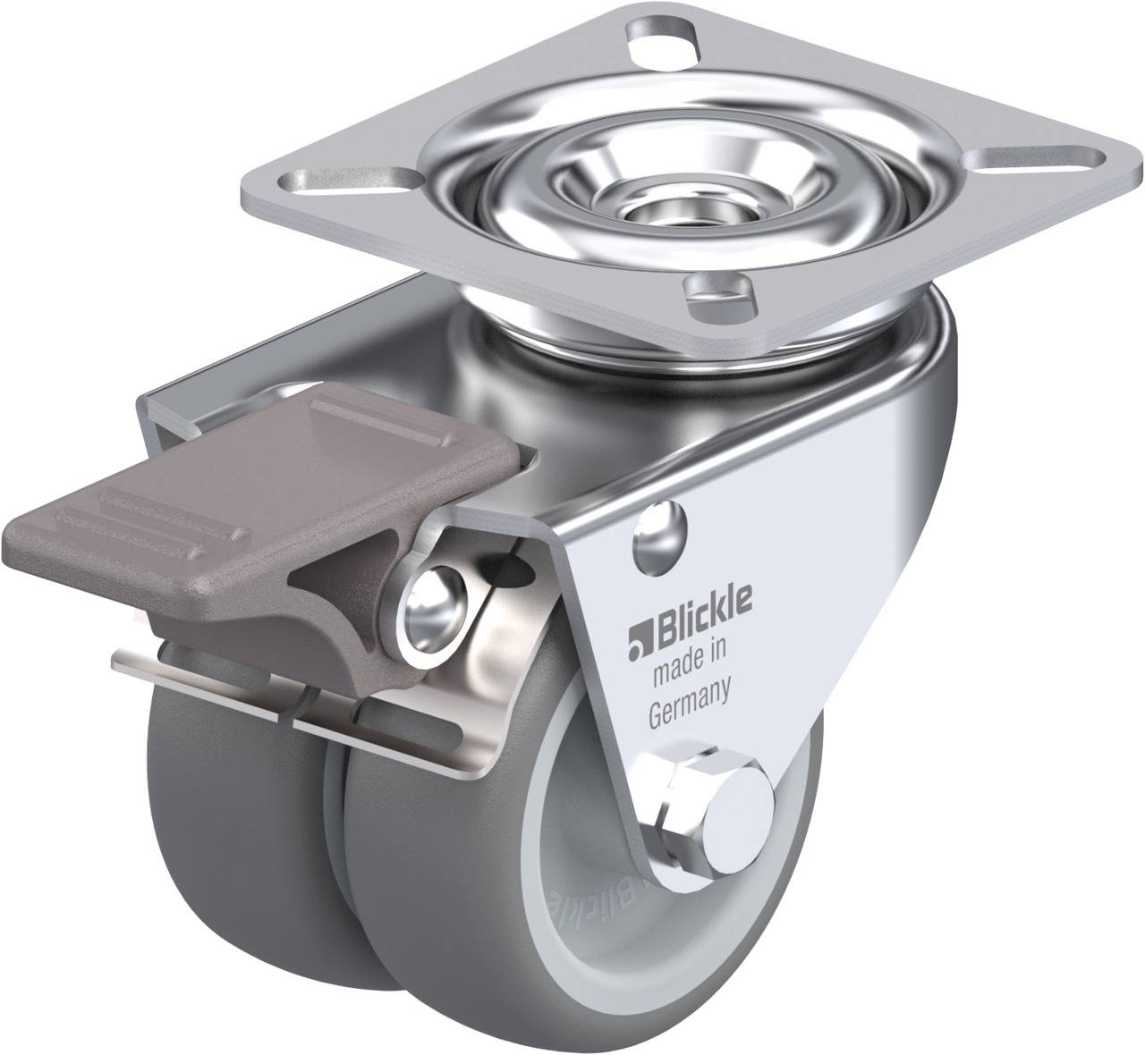 Doppelrolle aus Metall und Kunststoff, mit Feststellbremse. Herstellermarke und 'made in Germany' sichtbar auf der Seite.