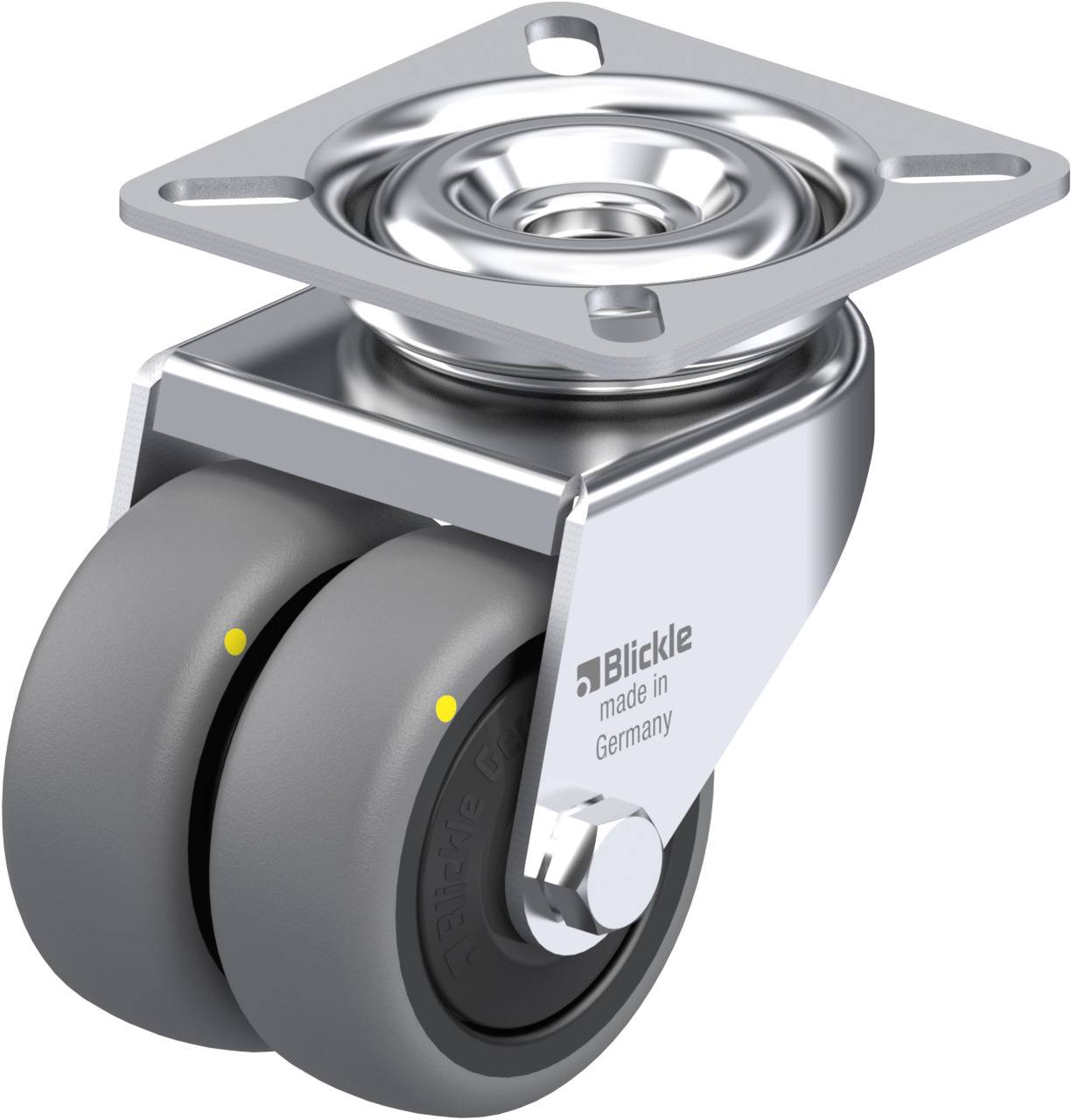 'Doppelrolle mit grauen Rädern und glänzendem Gehäuse, beschriftet mit 