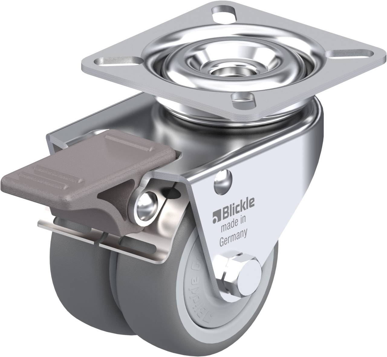 Graue Zwillingsrolle mit Metallgehäuse und Feststellbremse. Auf dem Gehäuse steht 'Blickle made in Germany'.