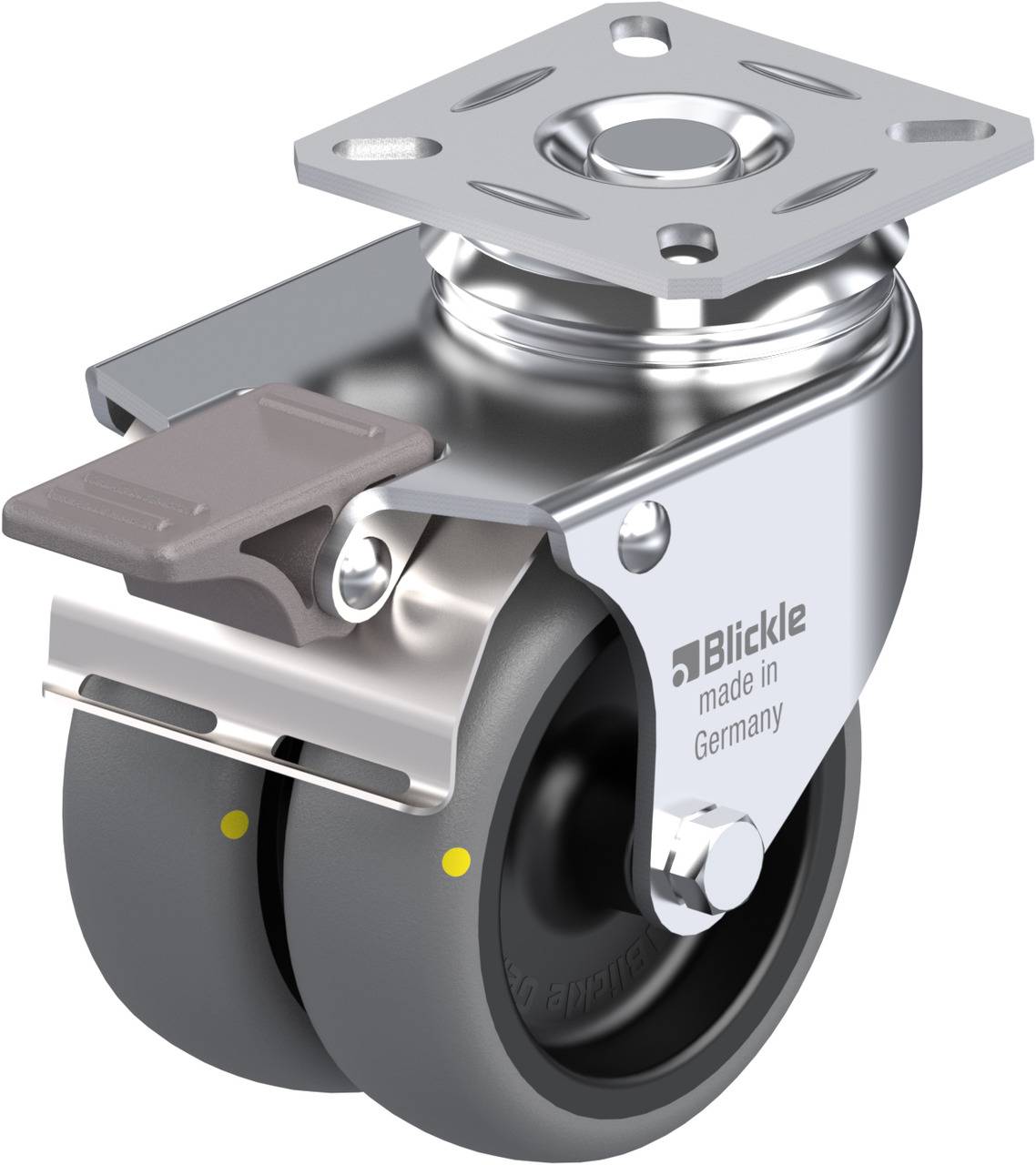 Schwenkrolle mit doppelten Rädern, grauen Reifen, Metallgehäuse und integrierter Bremse. Aufschrift: 'made in Germany'.