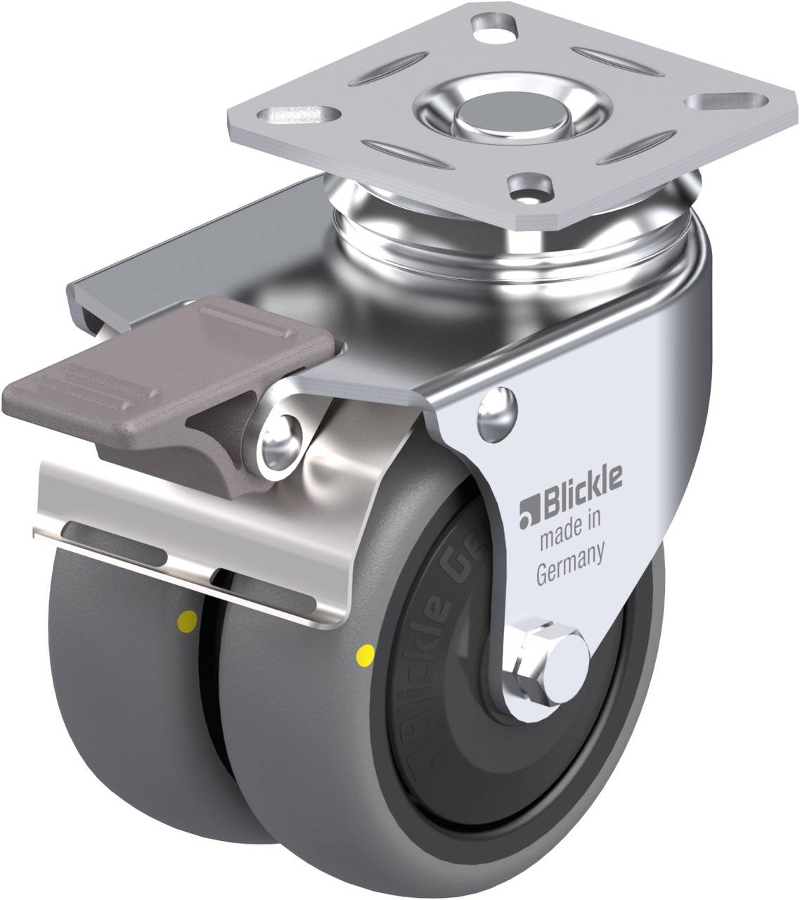 'Blickle'-Doppellenkrolle mit Feststeller und grauen Rädern, geeignet für Industrienutzung, hergestellt in Deutschland.