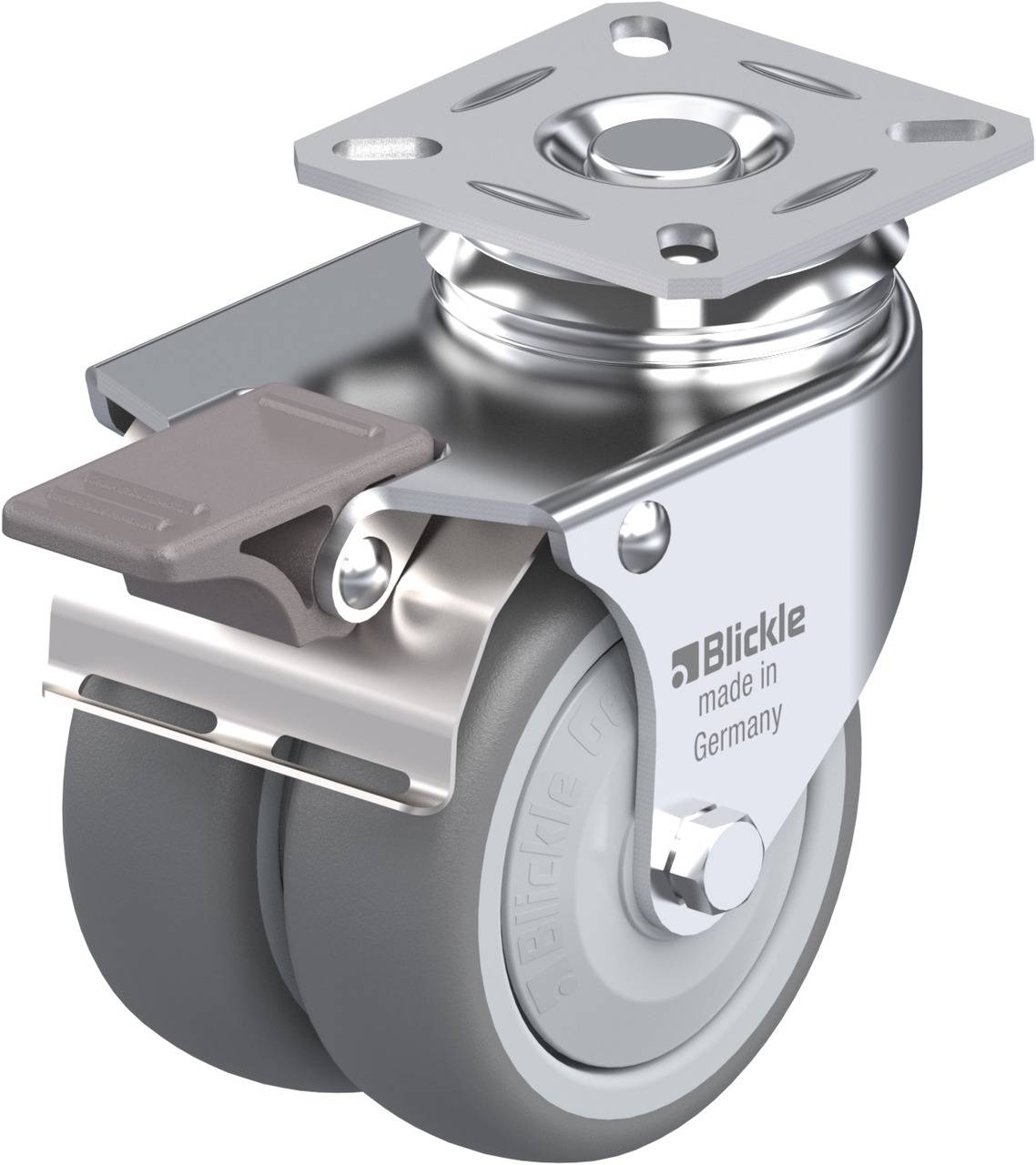 Doppelrolle aus Metall und Kunststoff, hergestellt in Deutschland, mit Befestigungsplatte und Bremshebel.