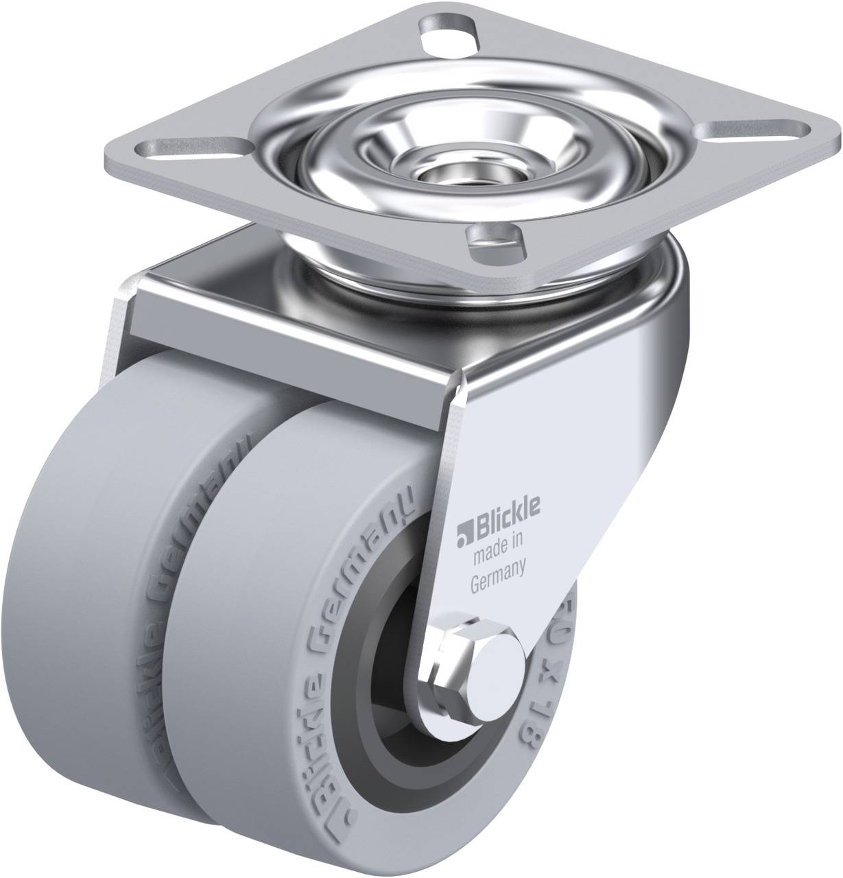 Doppelrolle mit Metallplatte und Aufdruck 'Blickle made in Germany', graue Rollen, geeignet für Möbel oder Ausrüstungen.