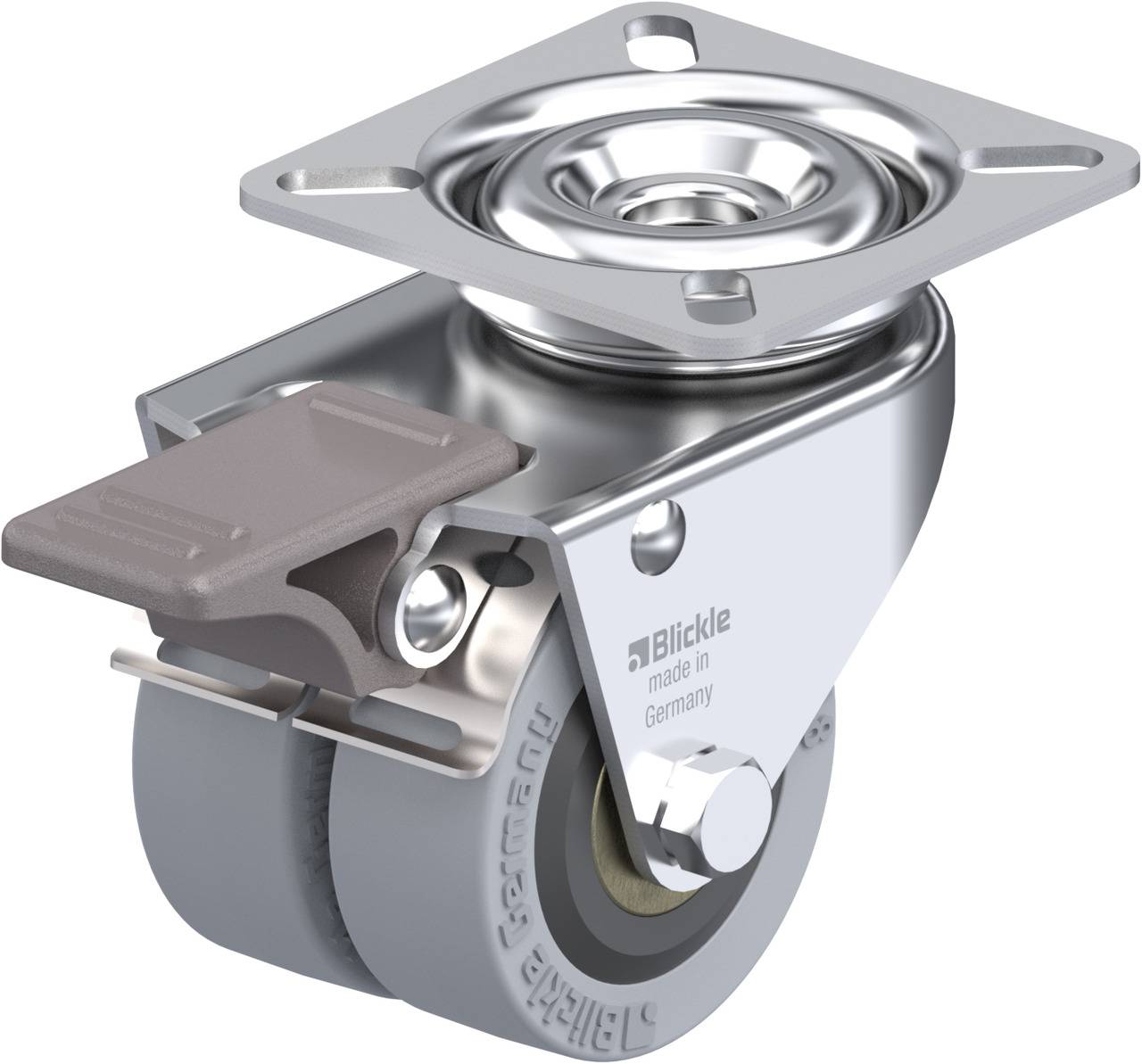 Schwenkrolle mit grauen Rädern und Metallhalterung, versehen mit 'Blickle made in Germany', braunes Bremspedal sichtbar links.