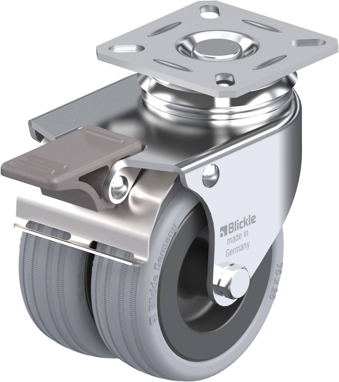 Zwei graue Rollen mit Metallgehäuse und Befestigungsplatte, produziert von einer deutschen Firma. Geeignet für Möbel oder Geräte.