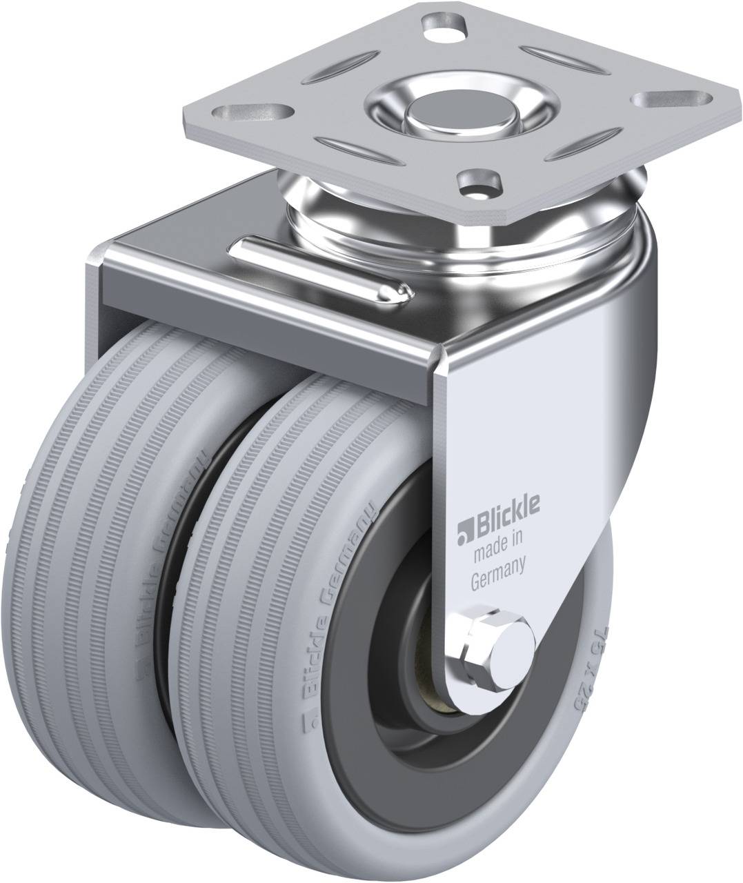 Doppelrolle aus Metall mit grauen Reifen, hergestellt in Deutschland; Aufschrift zeigt 'Blickle'.