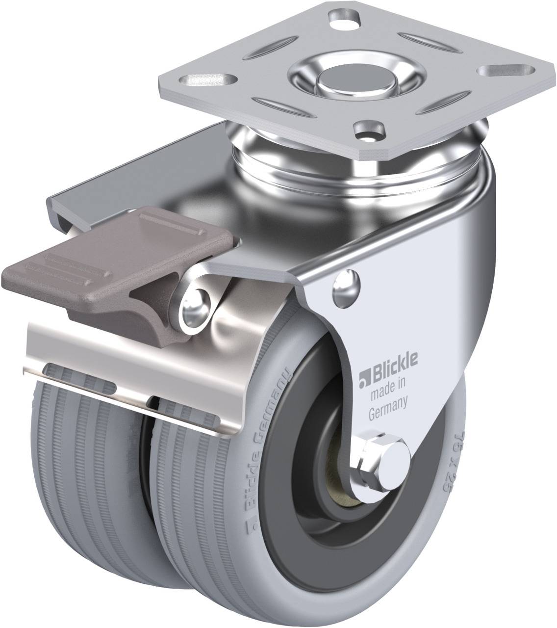 Doppellaufrad-Rolle mit Metallsockel und grauen Gummireifen, geeignet für Möbel- oder Industrieanwendungen.