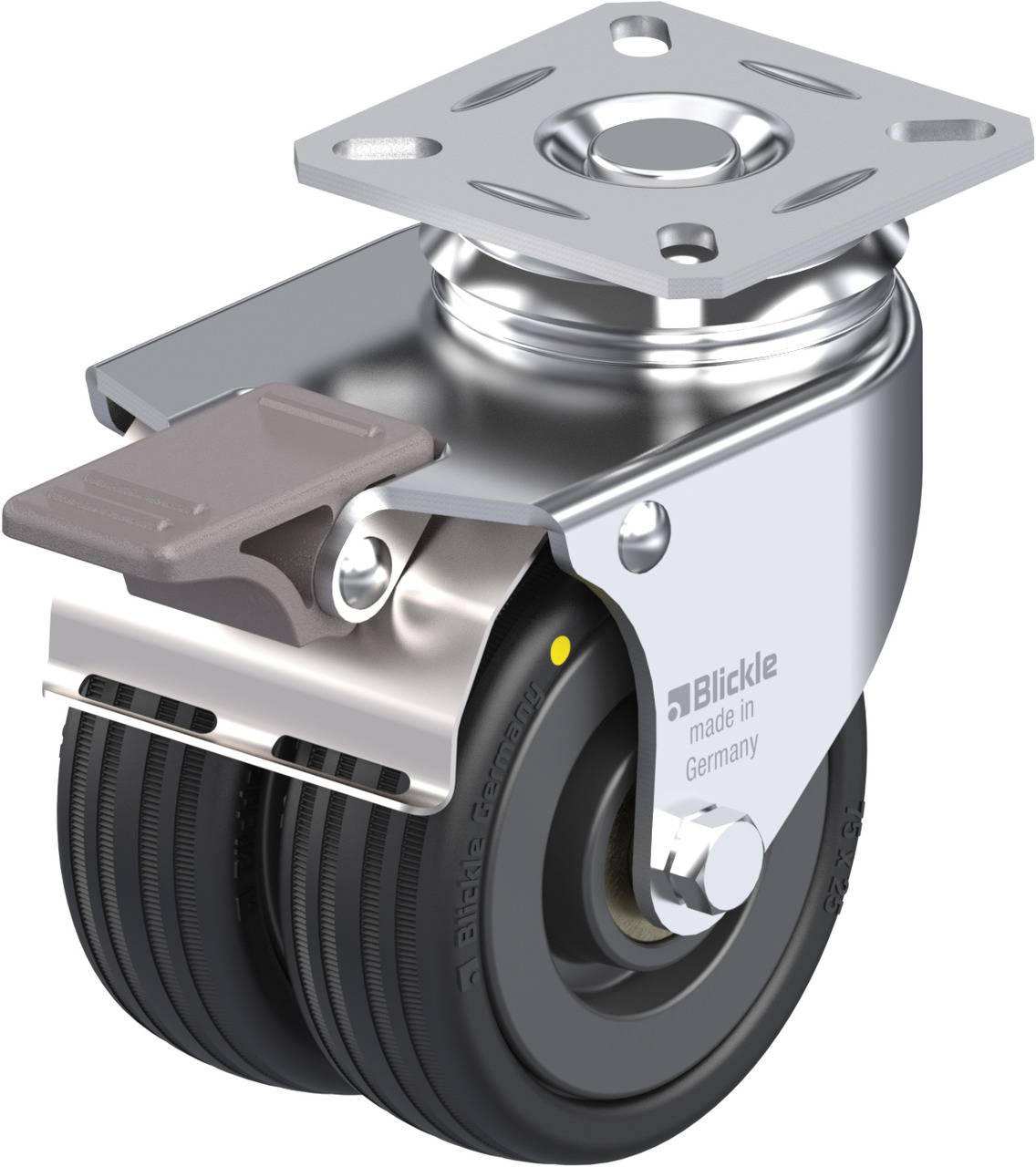 Lenkrolle mit Doppelrad-Bereifung aus Gummi, Metallplatte zur Befestigung, Bremse auf der linken Seite, Aufschrift 'Blickle made in Germany'.