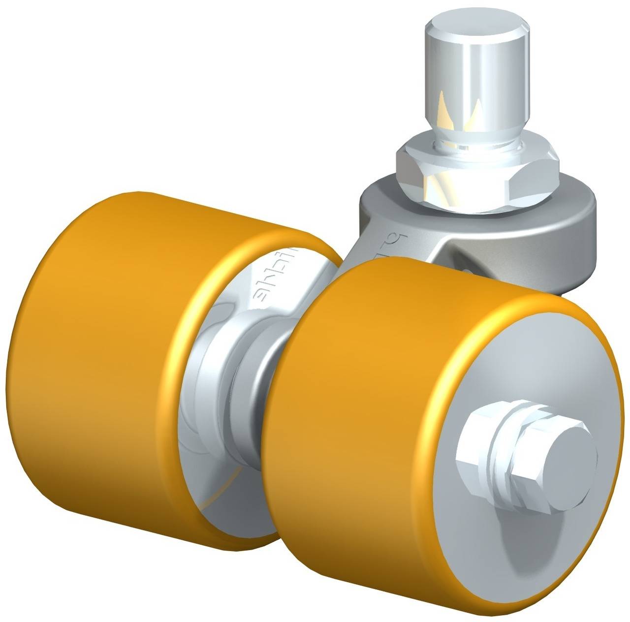 Detailansicht eines orange-grauen Lagerrollers mit zwei Rädern und einem Gelenk, verwendet zur Lagerunterstützung in Maschinen.