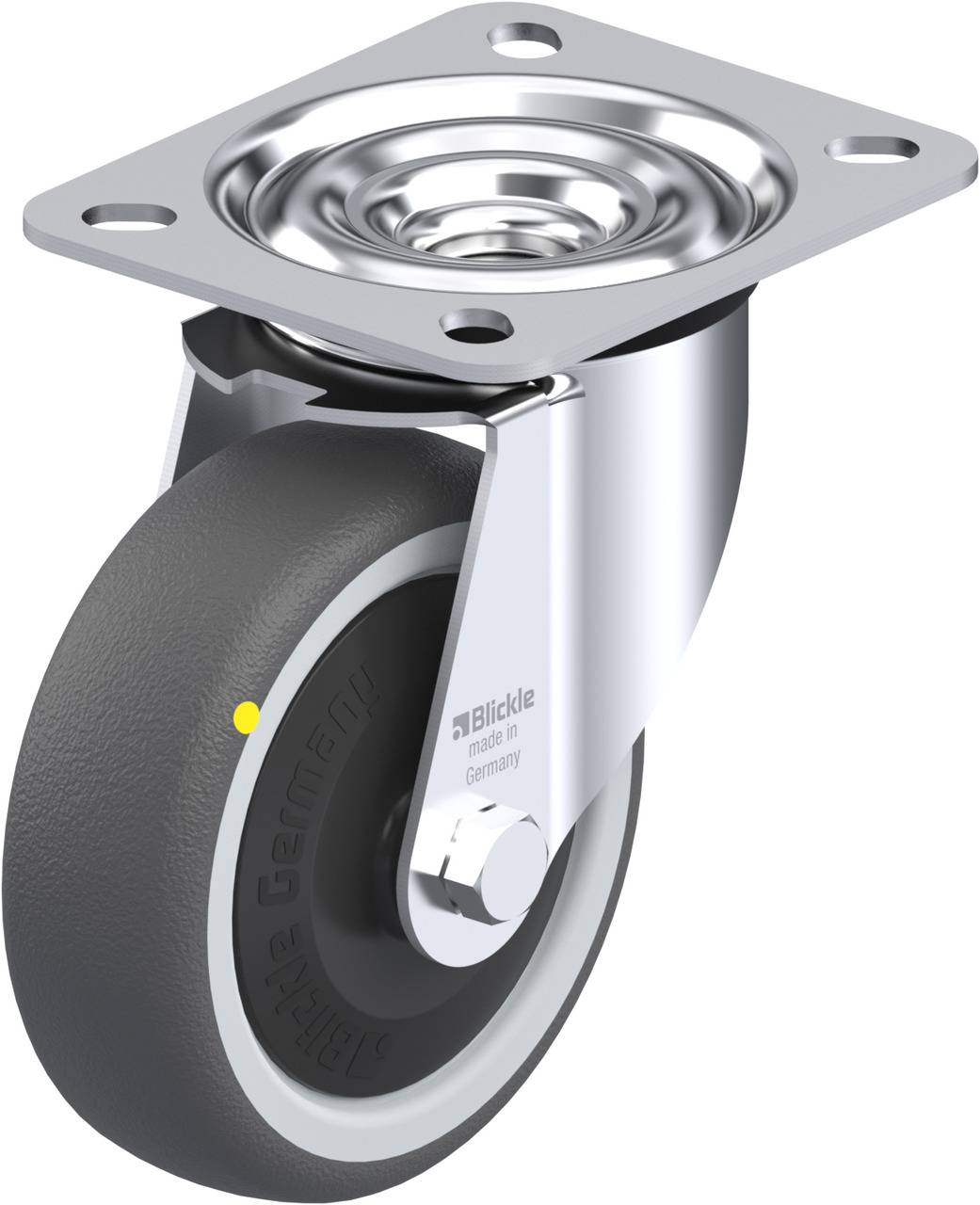 Industrie-Möbelrolle aus Metall und Gummi mit Drehplatte, geeignet für schwere Lasten. Graues Rad, silberne Halterung.