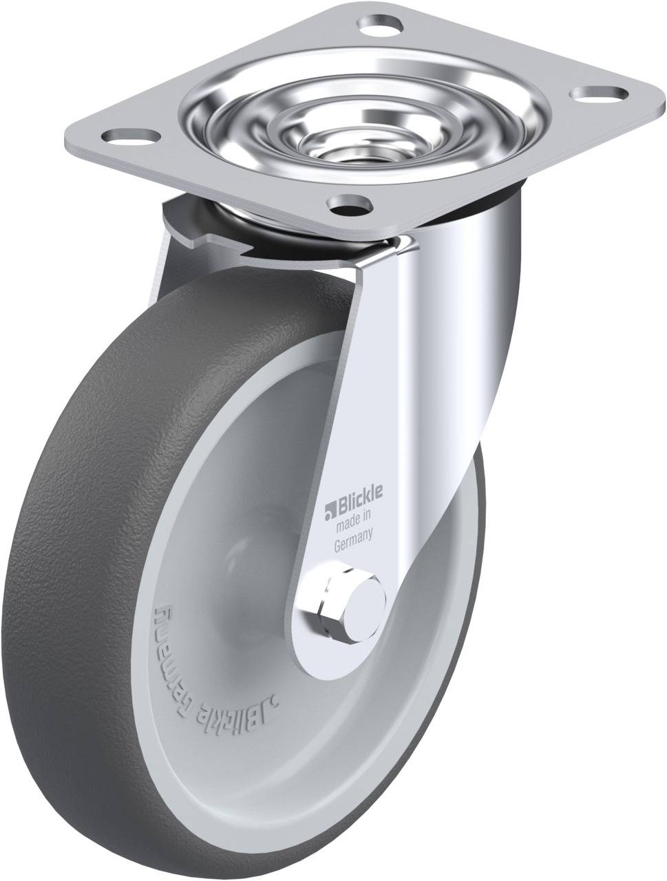 Rolle mit grauem Gummi und Metallhalterung, geeignet für Möbleräder oder Wagen. Enthält Befestigungsplatte oben für Montage.