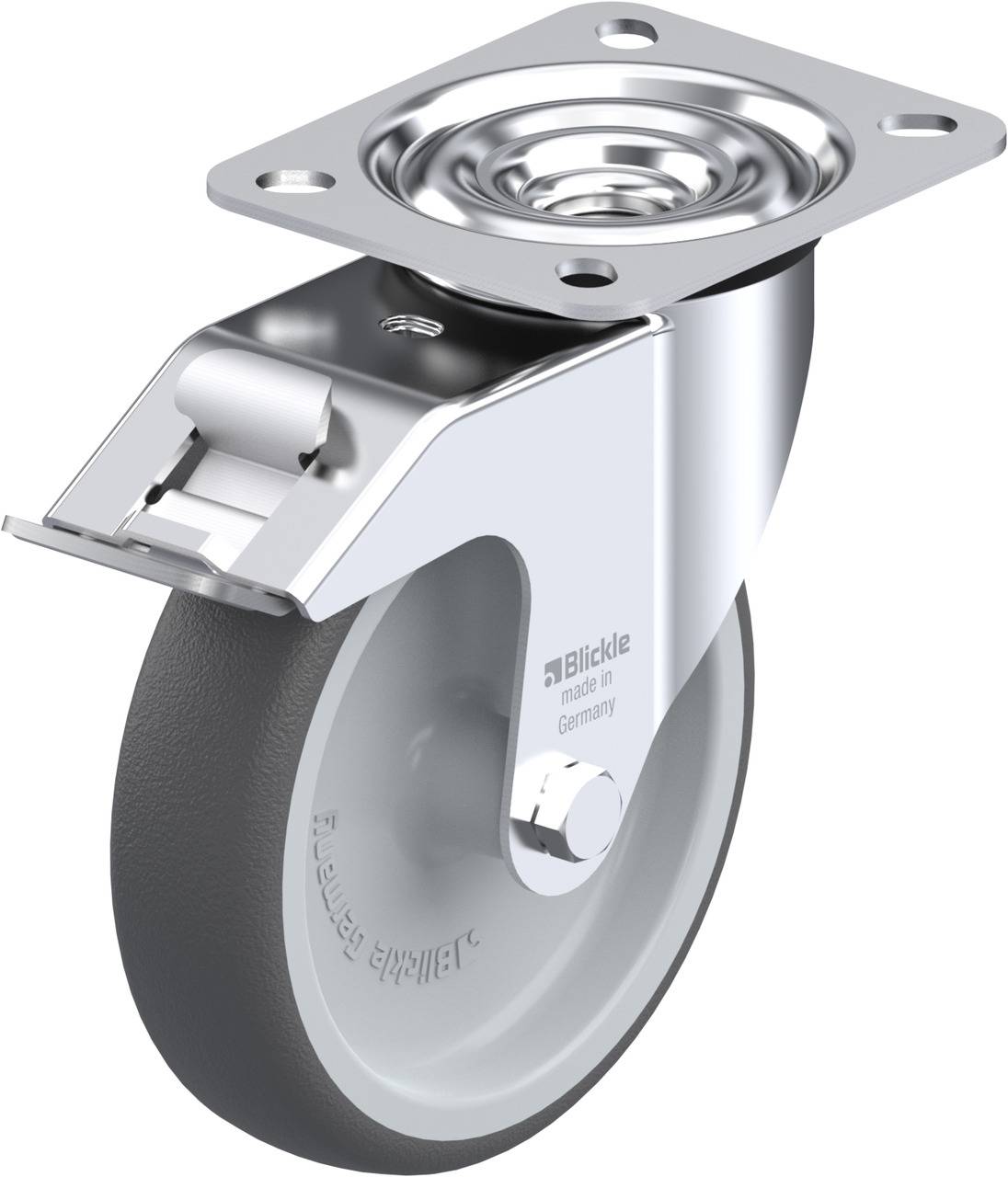 Graue Transportrolle mit Metallgehäuse und Metallplatte zur Befestigung. Beschriftung auf der Rolle: 'Blickle made in Germany'.