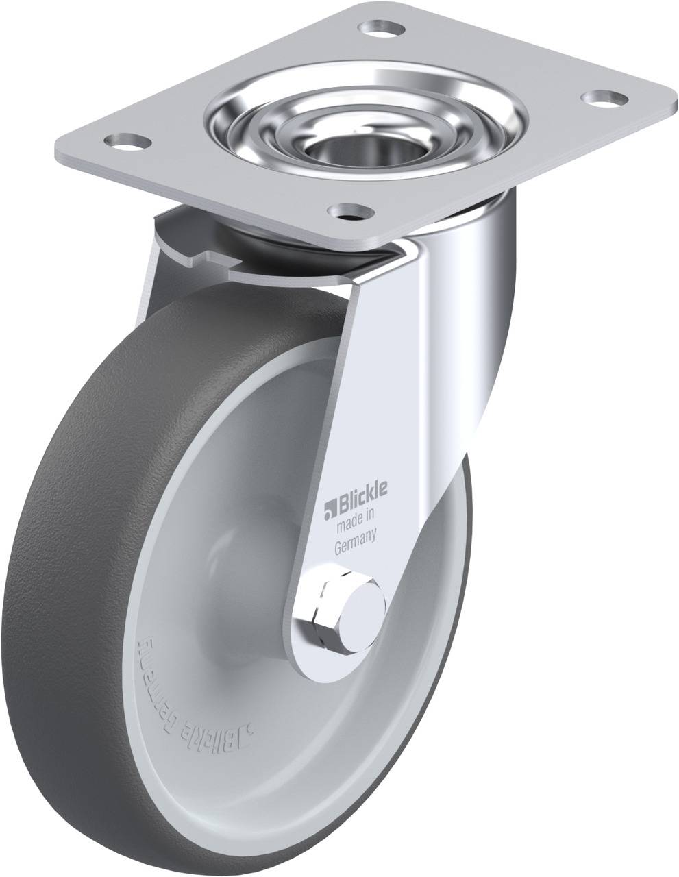 Industrie-Lenkrolle mit grauem Gummi-Reifen und silbernem Metallgehäuse, geeignet für industrielle Anwendungen.