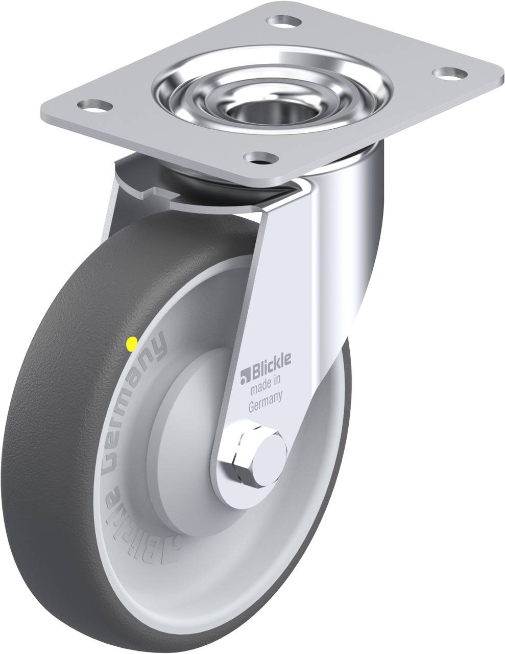 Schwenkrolle mit Metallhalterung und schwarzem Rad, Marke Blicke, hergestellt in Deutschland.