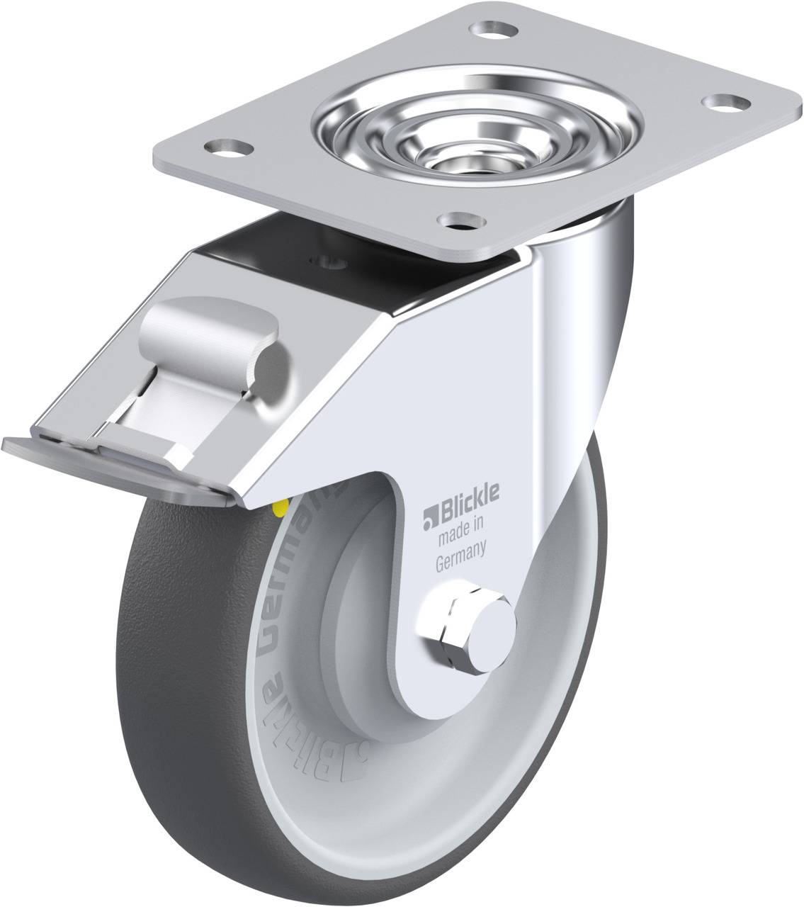 Ein einzelnes lenkbares Rad mit Metallhalterung, geeignet für Möbel oder Industrieprodukte, mit Aufschrift 'made in Germany'.